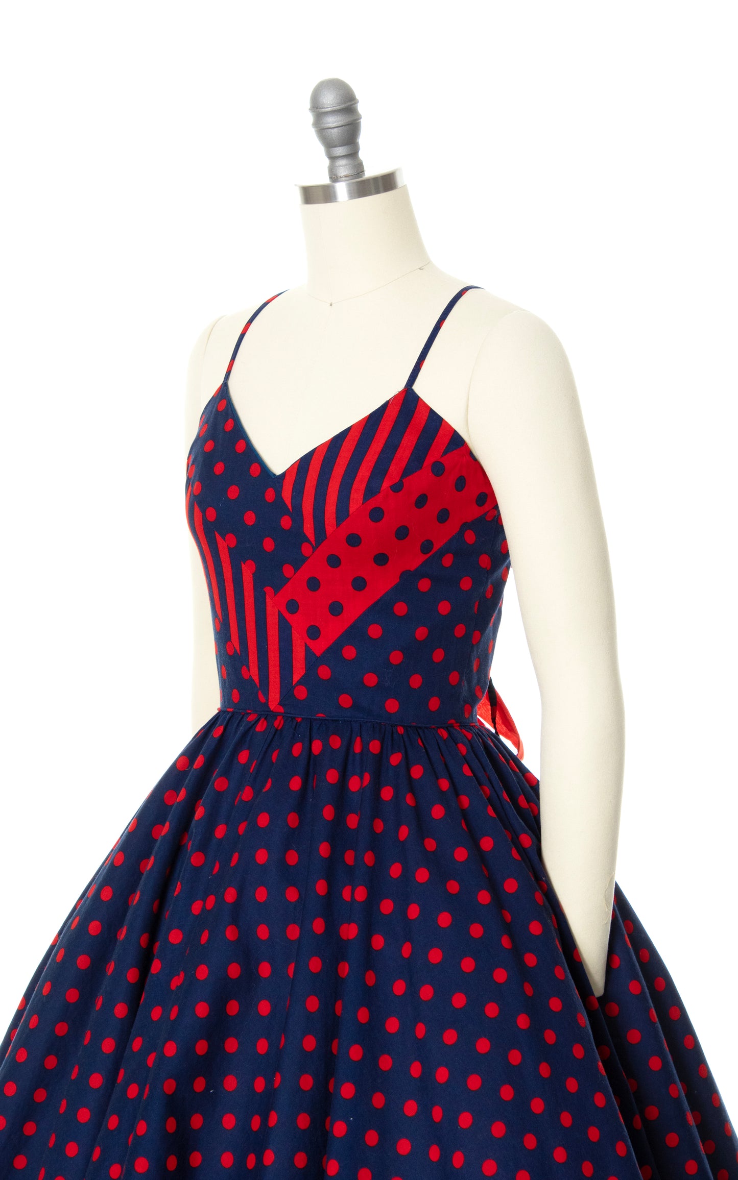 Vintage 70s 1970s Polka Dot Lace-Up Cotton Sundress Red Navy Blue Open Back BirthdayLifeVintage