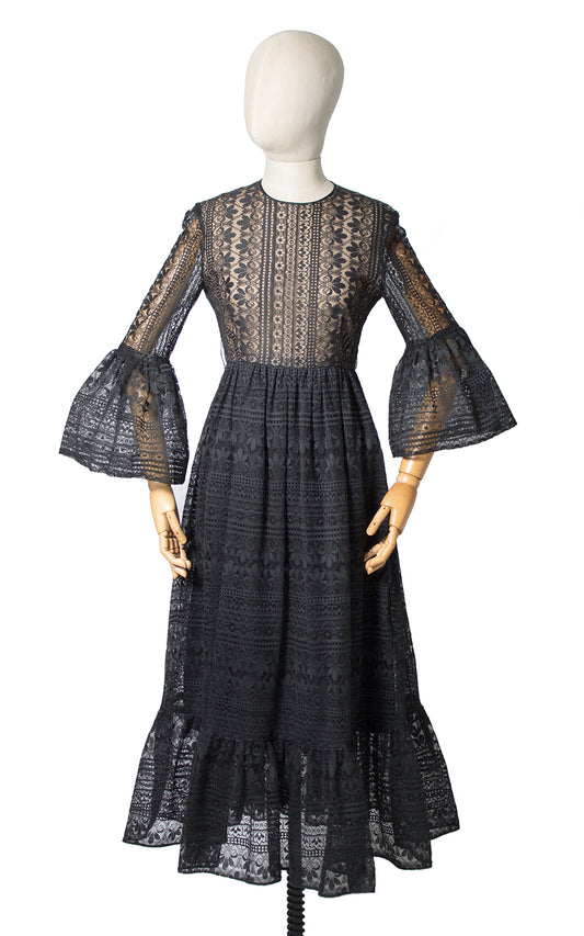 1960s Nude Illusion Lace Bell Sleeve Dress