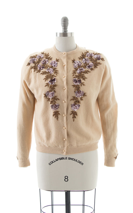 1950s Floral Sequin Beaded Wool-Angora Cardigan BirthdayLifeVintage
