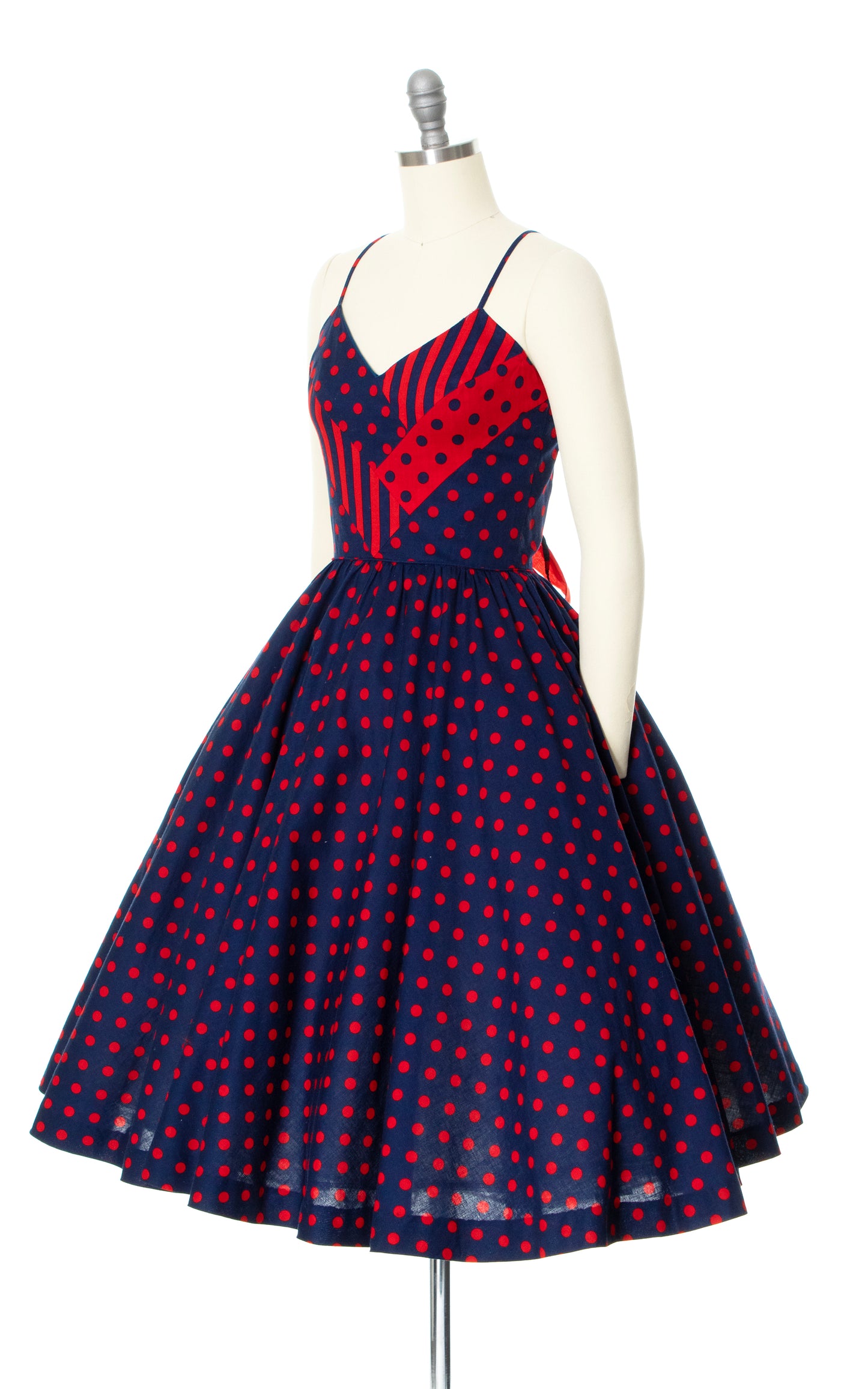 Vintage 70s 1970s Polka Dot Lace-Up Cotton Sundress Red Navy Blue Open Back BirthdayLifeVintage