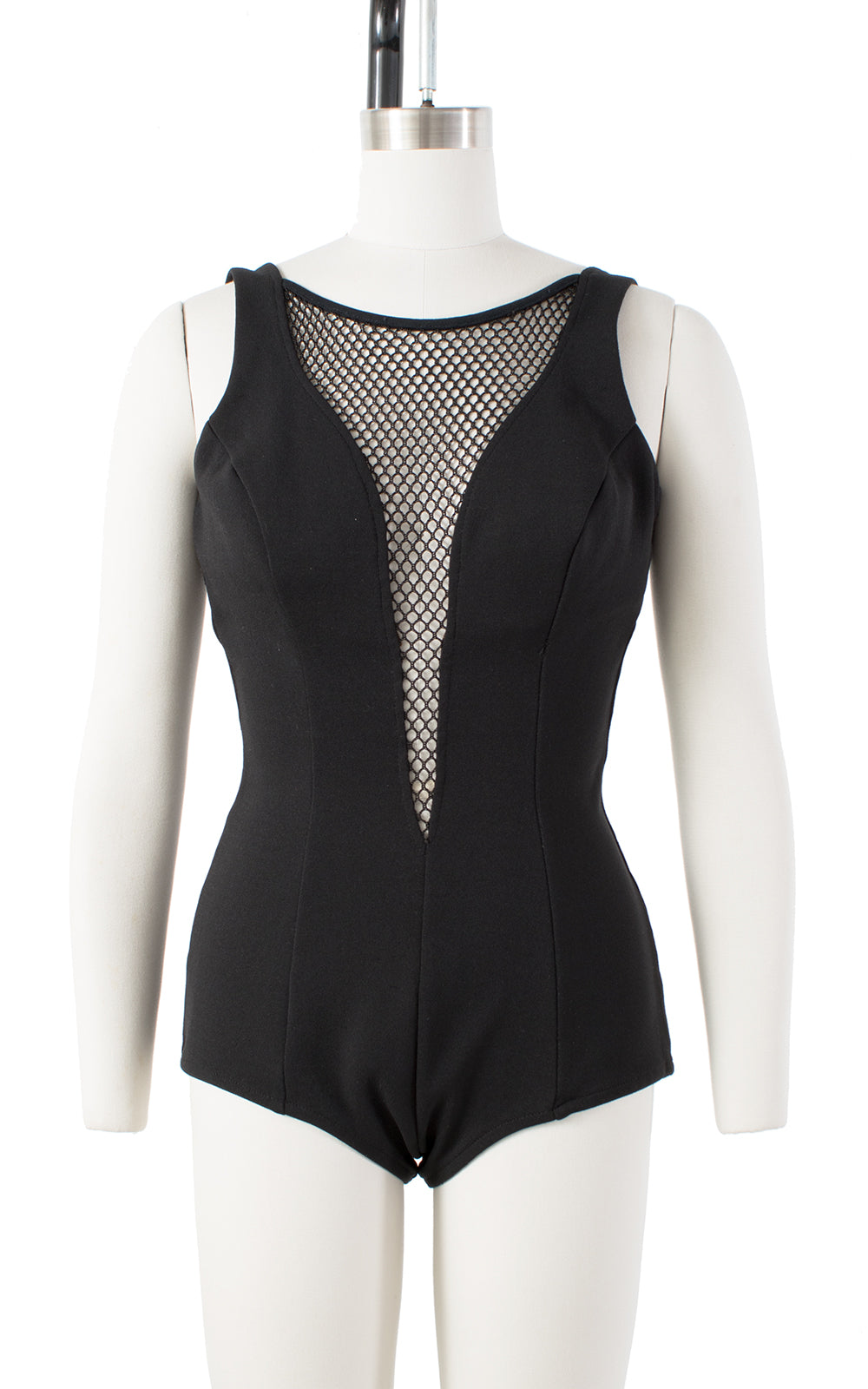 1960s Plunging Mesh Black Open Back Swimsuit