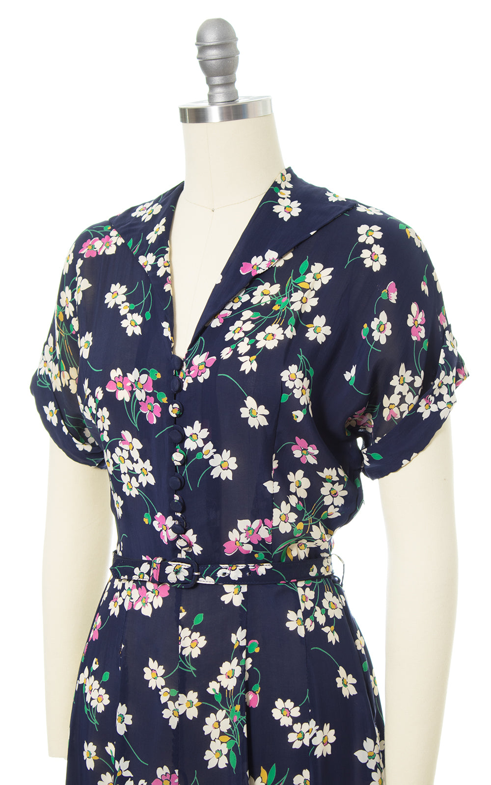 1940s Floral Navy Blue Rayon Shirtwaist Dress
