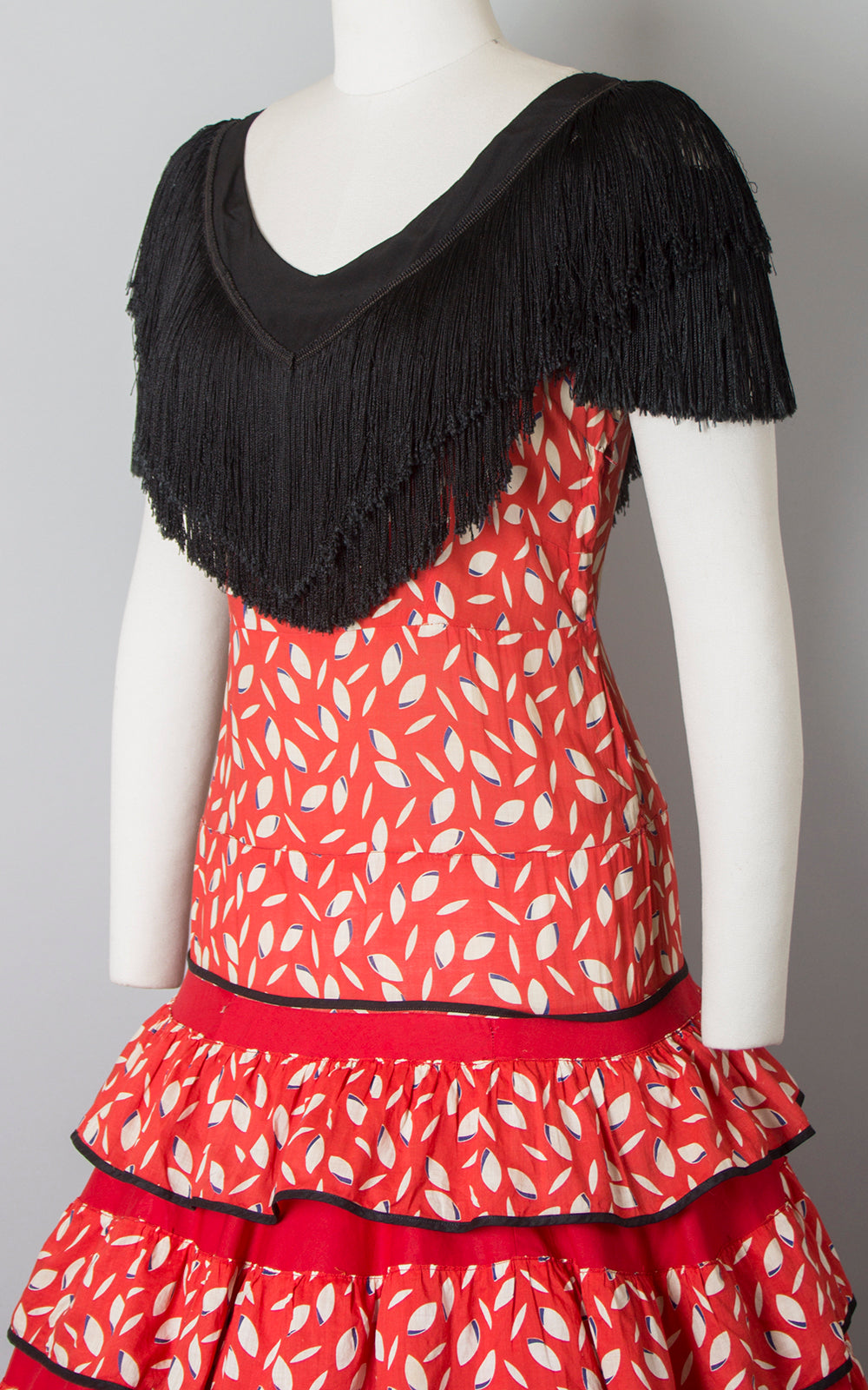 1940s Spanish Flamenco Red Fringe Tiered Circle Skirt Dress | medium