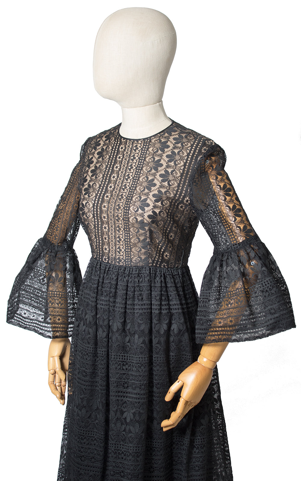1960s Nude Illusion Lace Bell Sleeve Dress