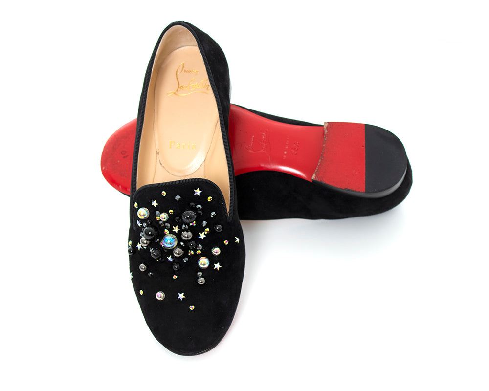 Modern CHRISTIAN LOUBOUTIN Designer Beaded Studded Black Suede Red Bottoms Loafers size European 35.5 US 5.5 Birthday Life Vintage