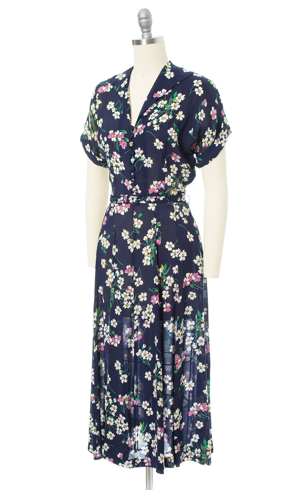 1940s Floral Navy Blue Rayon Shirtwaist Dress