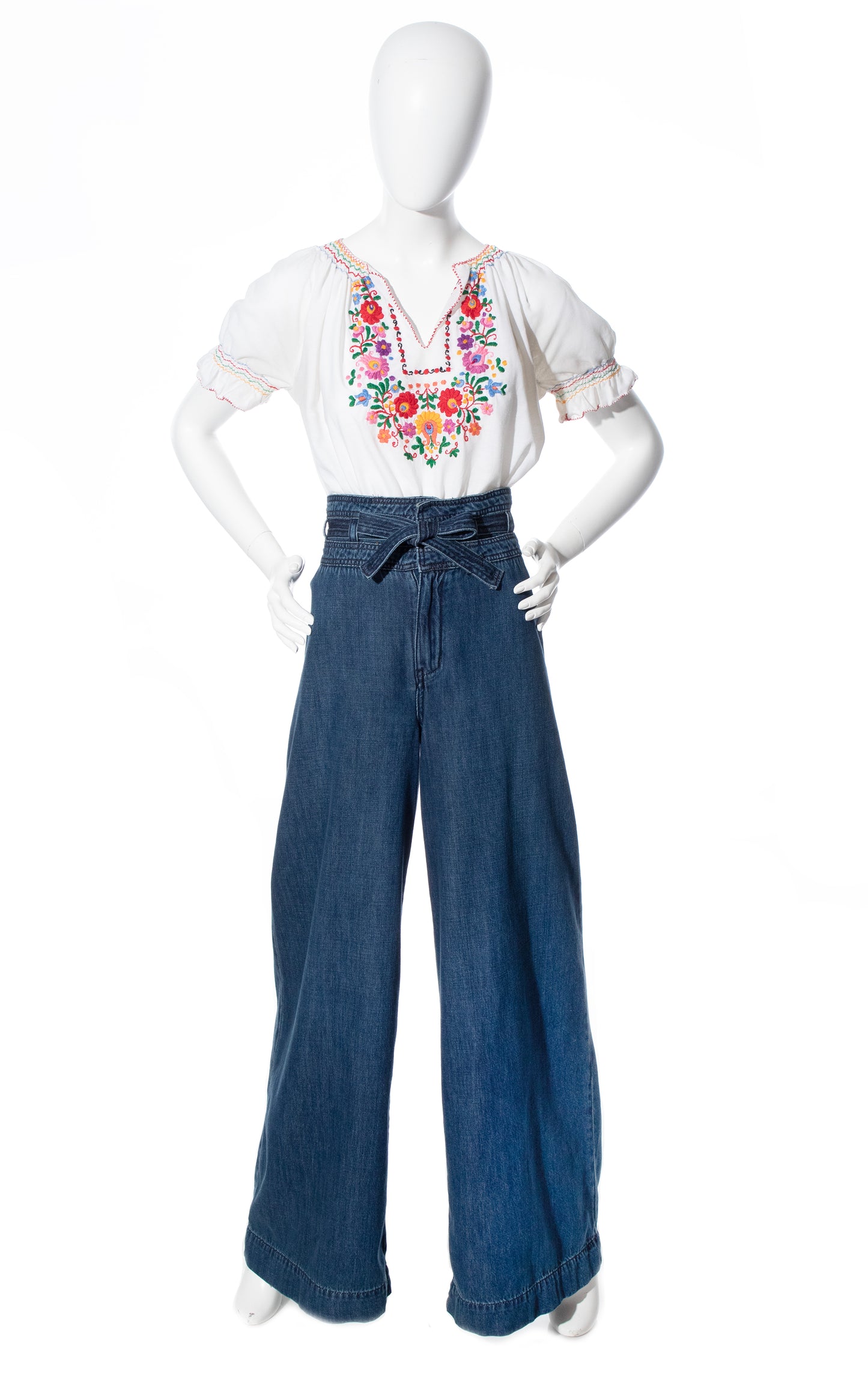 Modern Free People Augusta Blue Denim Belted High Waisted Wide Leg Jeans Pants BirthdayLifeVintage