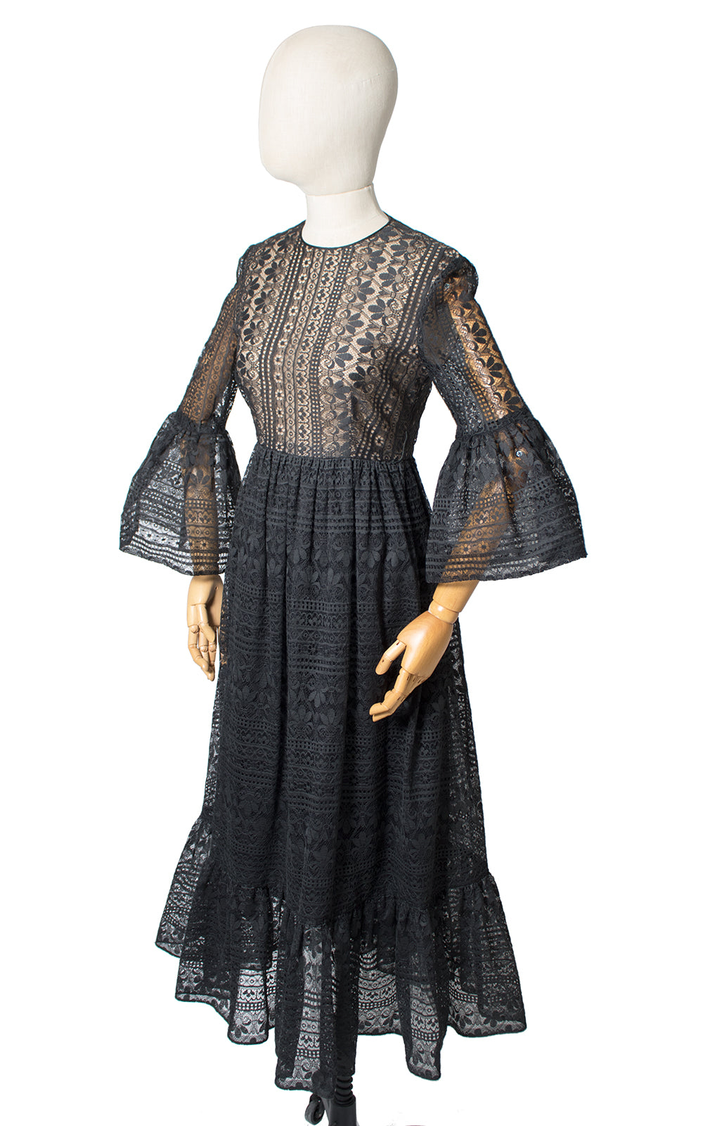 1960s Nude Illusion Lace Bell Sleeve Dress