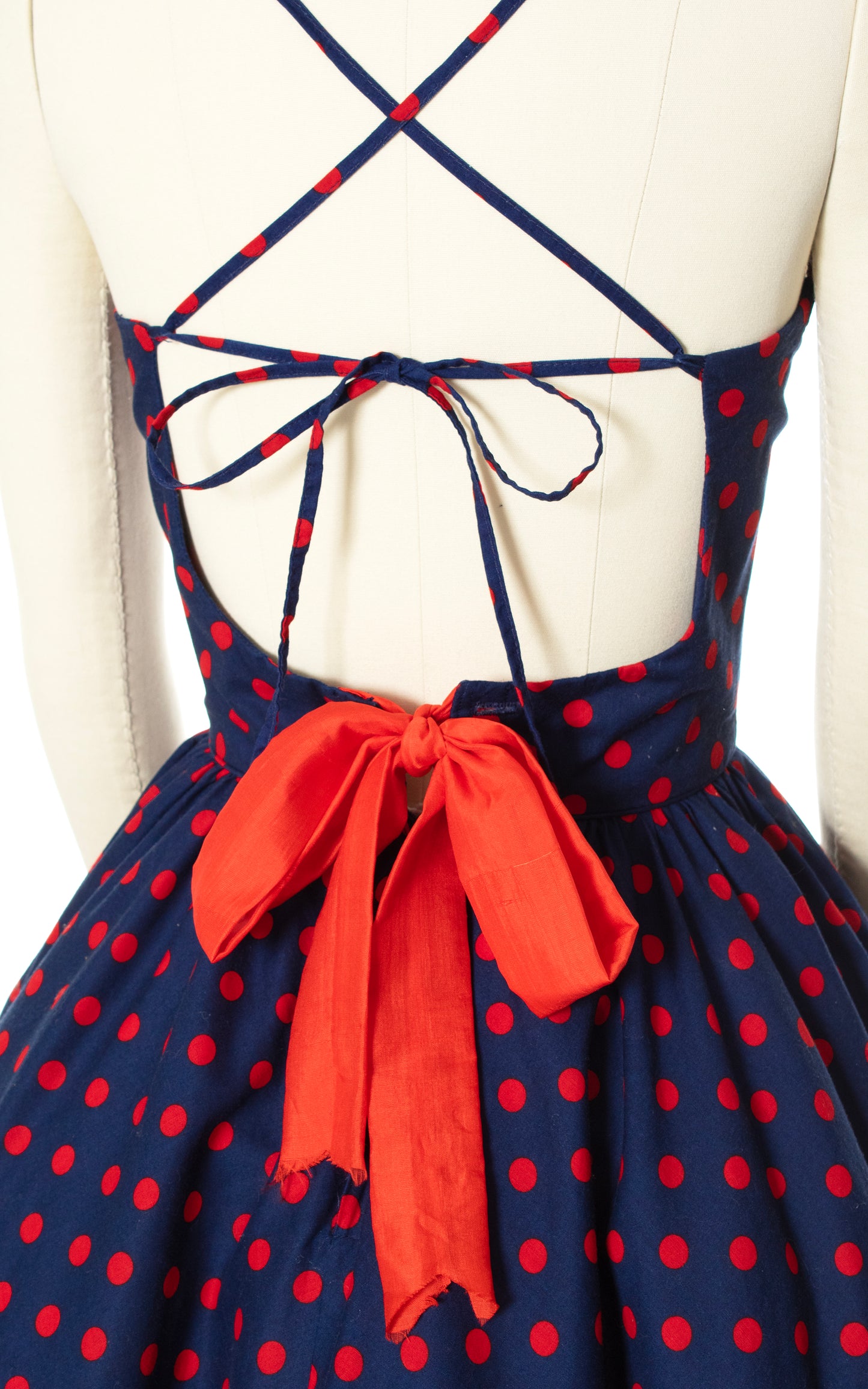 Vintage 70s 1970s Polka Dot Lace-Up Cotton Sundress Red Navy Blue Open Back BirthdayLifeVintage