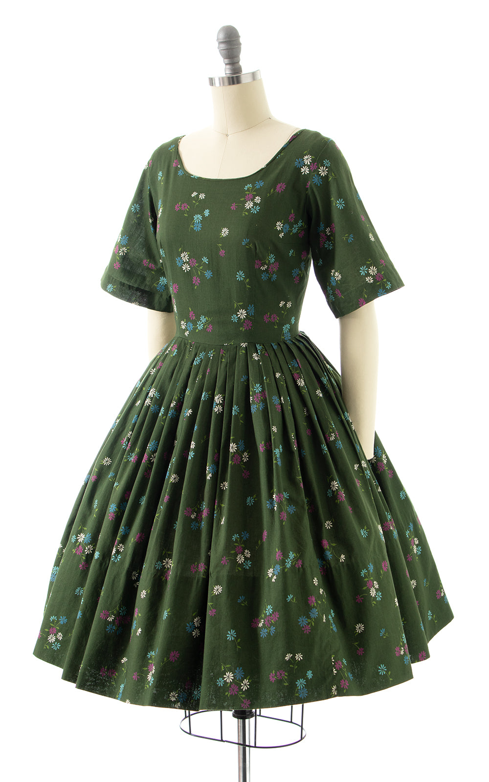 1950s Forest Green Floral Dress | small