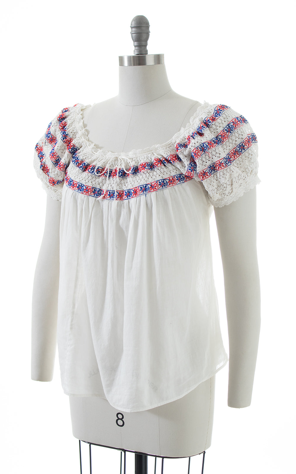 1970s Crochet Puff Sleeve Cotton Peasant Top | medium