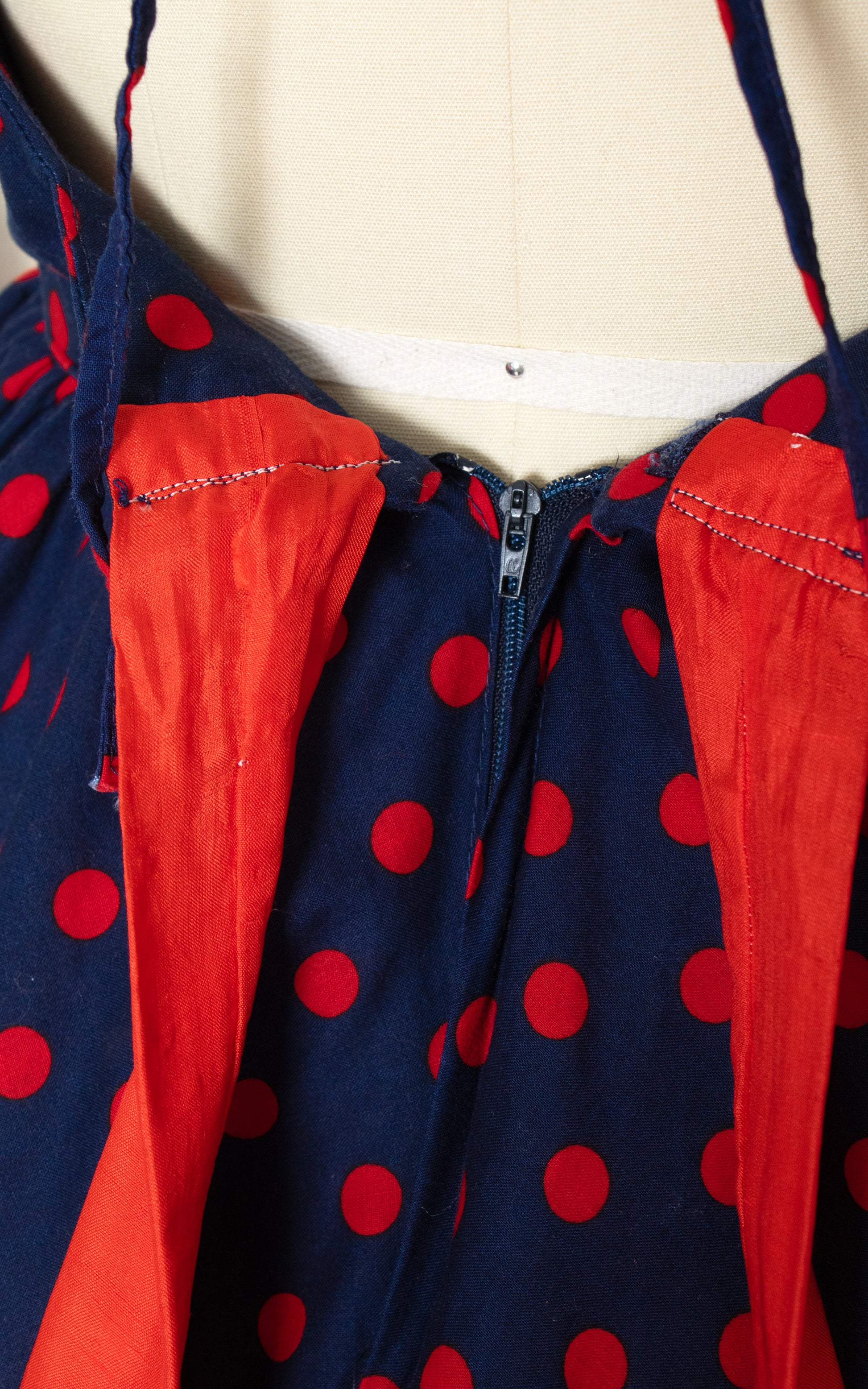 Vintage 70s 1970s Polka Dot Lace-Up Cotton Sundress Red Navy Blue Open Back BirthdayLifeVintage