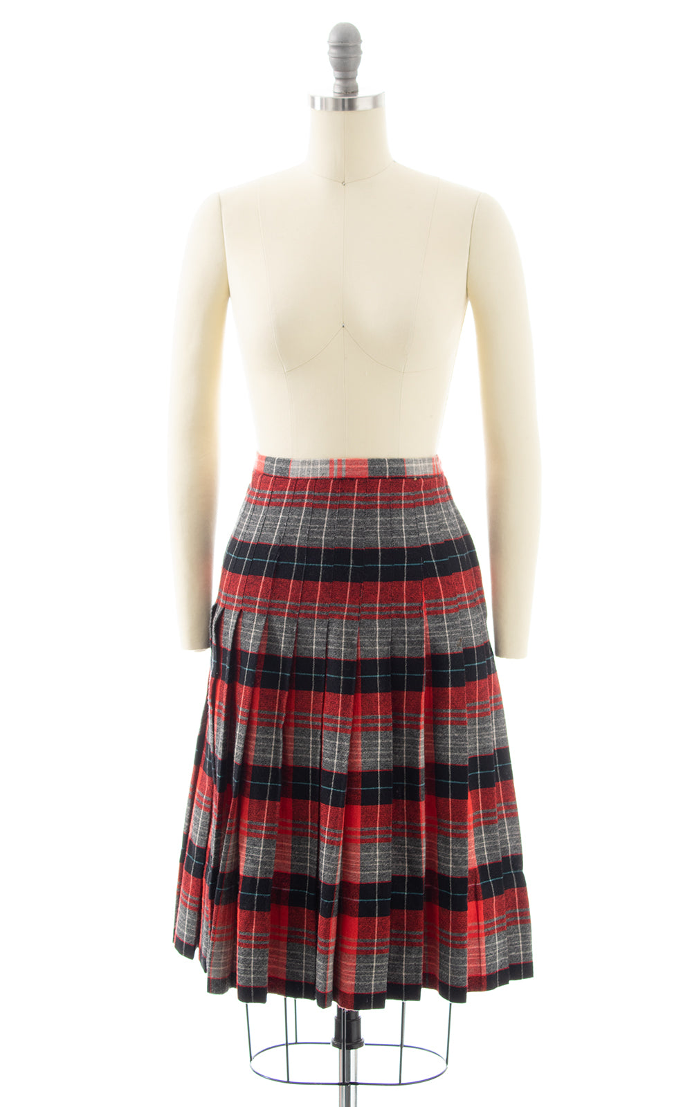 1940s 1950s Pleated Plaid Wool Skirt | small