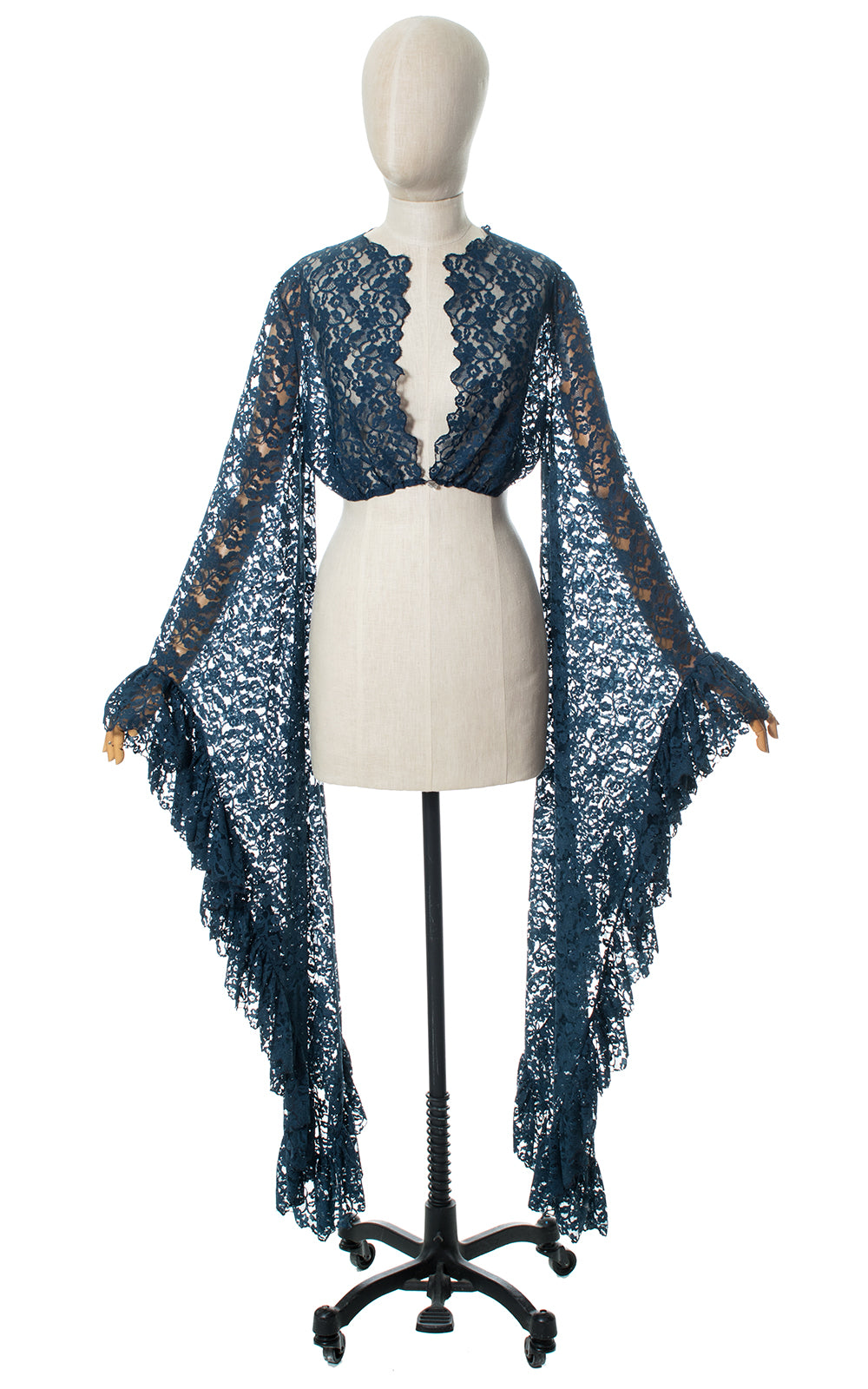 1970s Blue Lace Ruffled Angel Sleeve Top