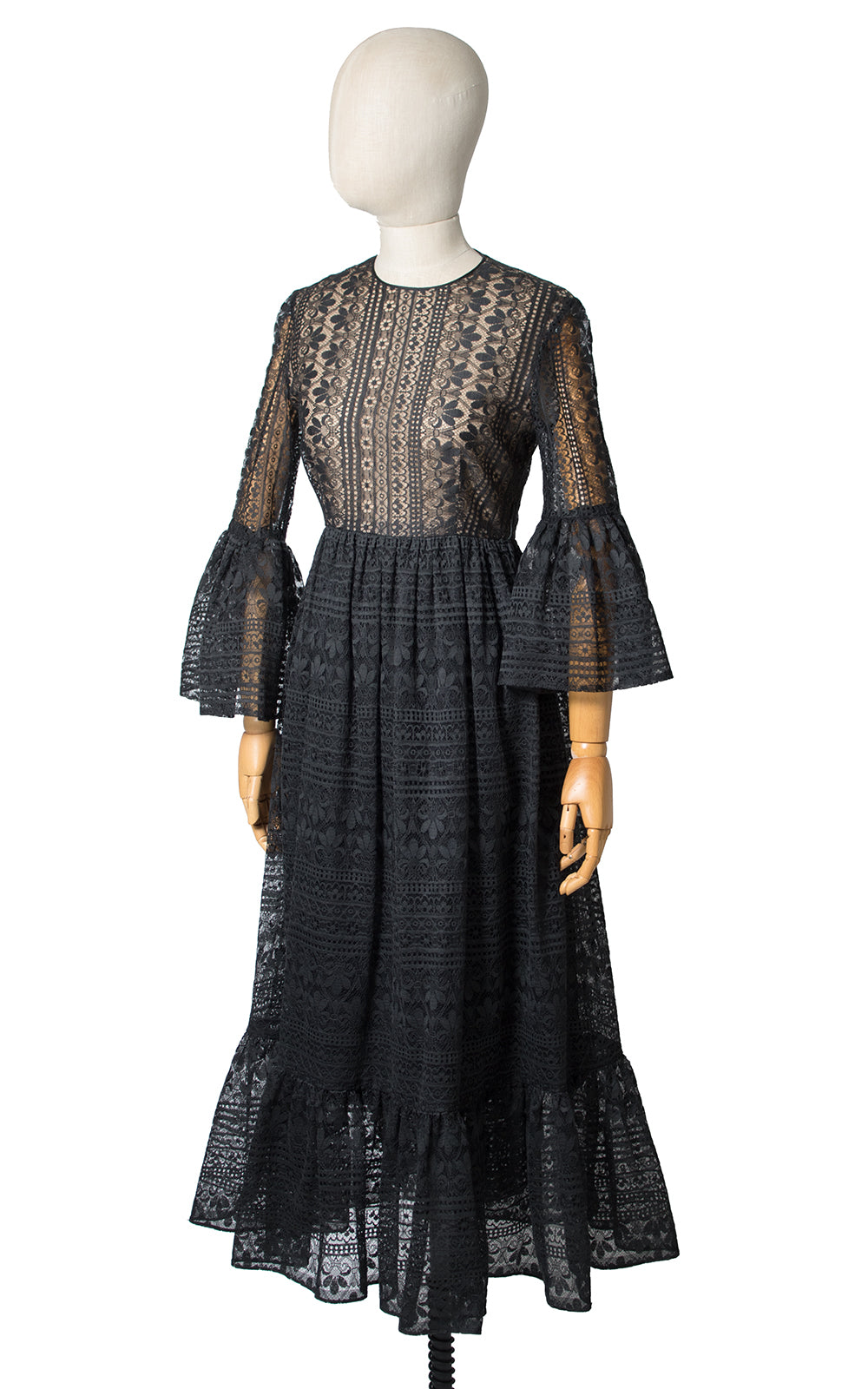 1960s Nude Illusion Lace Bell Sleeve Dress