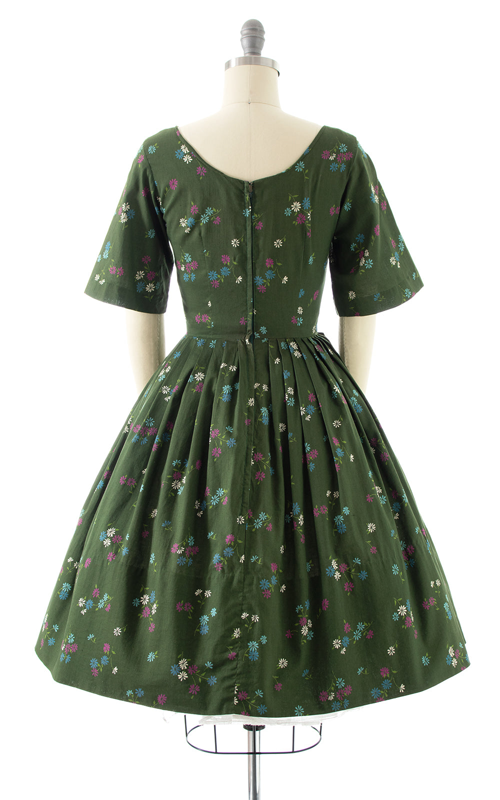 1950s Forest Green Floral Dress | small