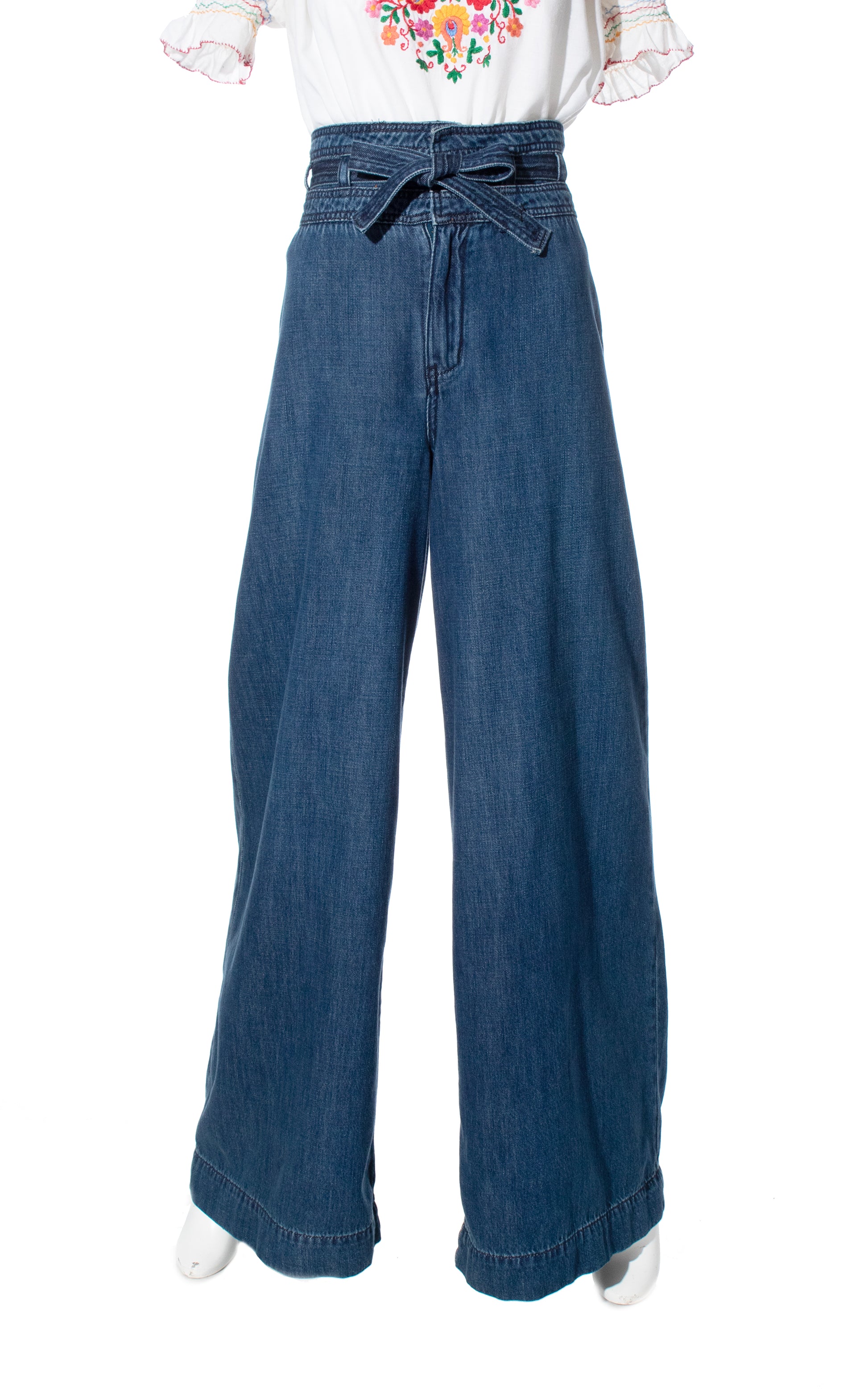Modern Free People Augusta Blue Denim Belted High Waisted Wide Leg Jeans Pants BirthdayLifeVintage
