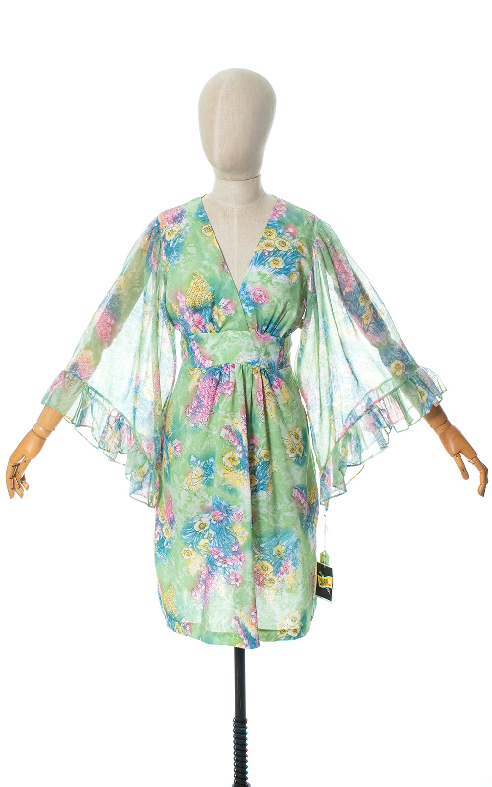 1970s Deadstock Green Floral Angel Sleeve Dress 