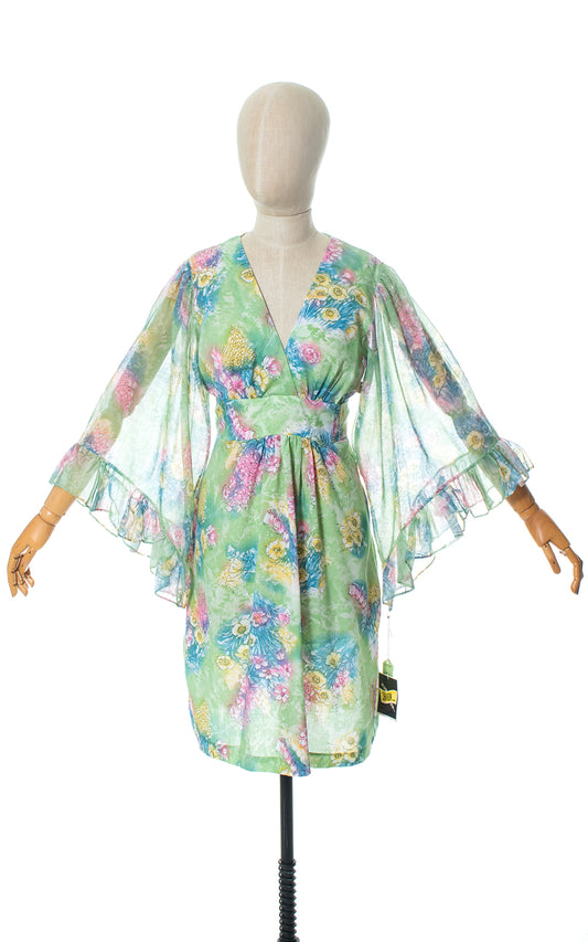 1970s Deadstock Green Floral Angel Sleeve Dress 