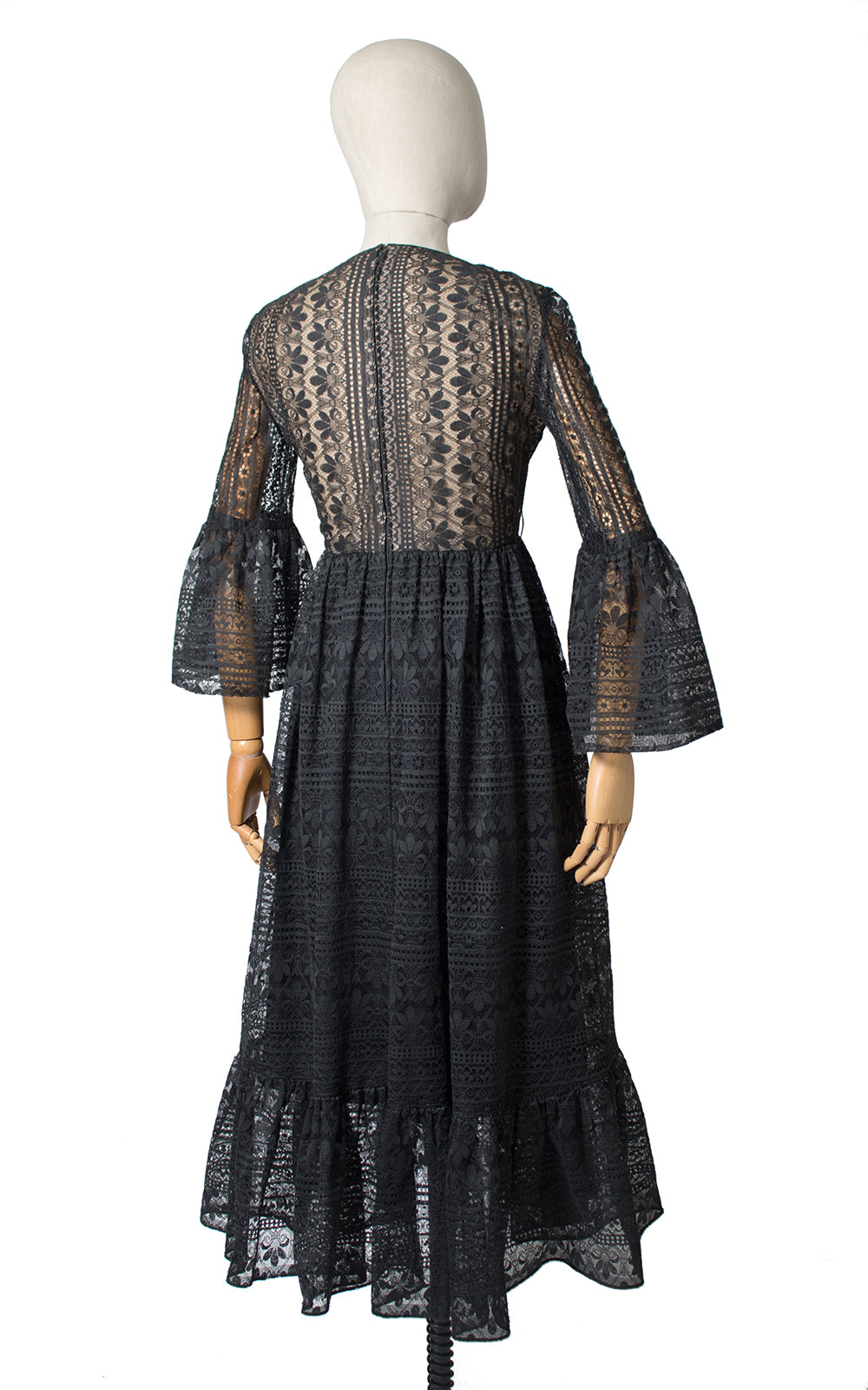 1960s Nude Illusion Lace Bell Sleeve Dress