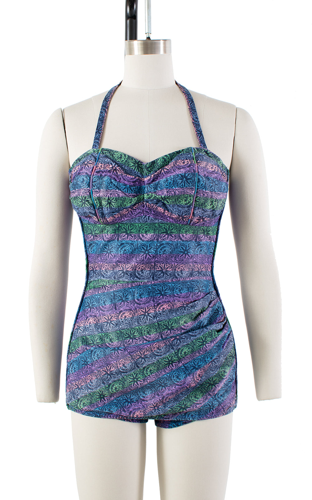 1950s Striped Floral Halter Draped Swimsuit | small/medium