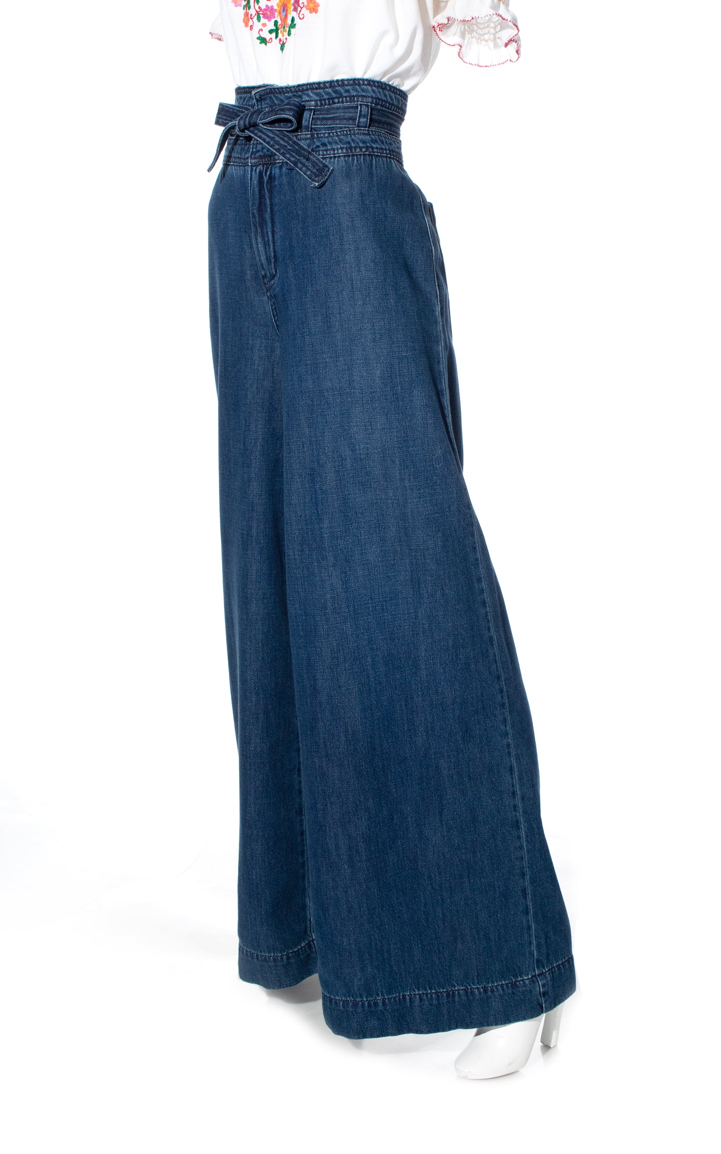 Modern Free People Augusta Blue Denim Belted High Waisted Wide Leg Jeans Pants BirthdayLifeVintage