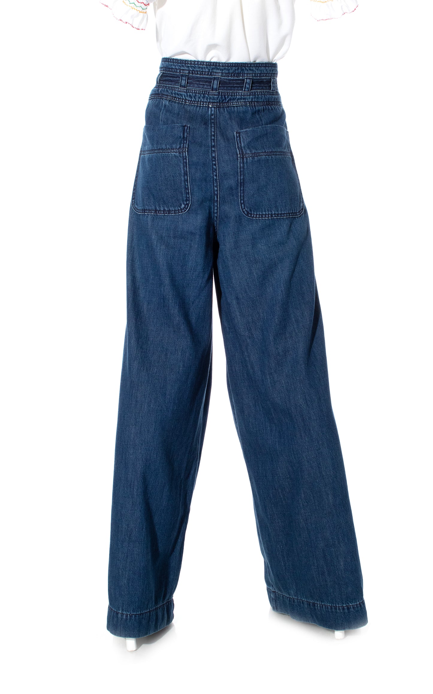 Modern Free People Augusta Blue Denim Belted High Waisted Wide Leg Jeans Pants BirthdayLifeVintage