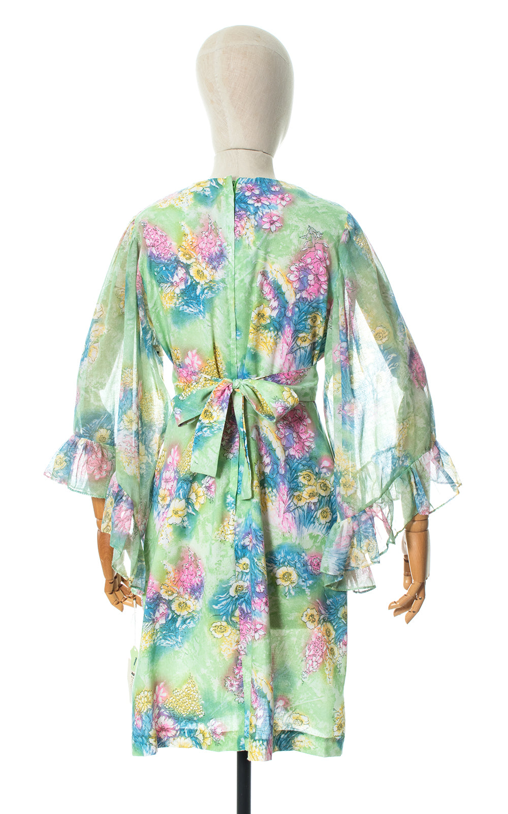 1970s Deadstock Green Floral Angel Sleeve Dress 