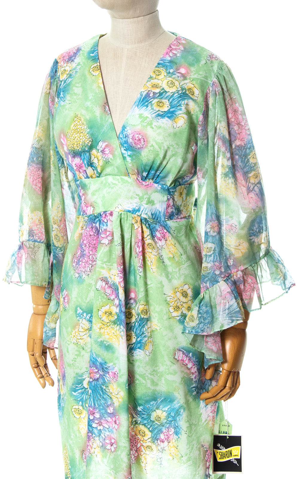 1970s Deadstock Green Floral Angel Sleeve Dress 