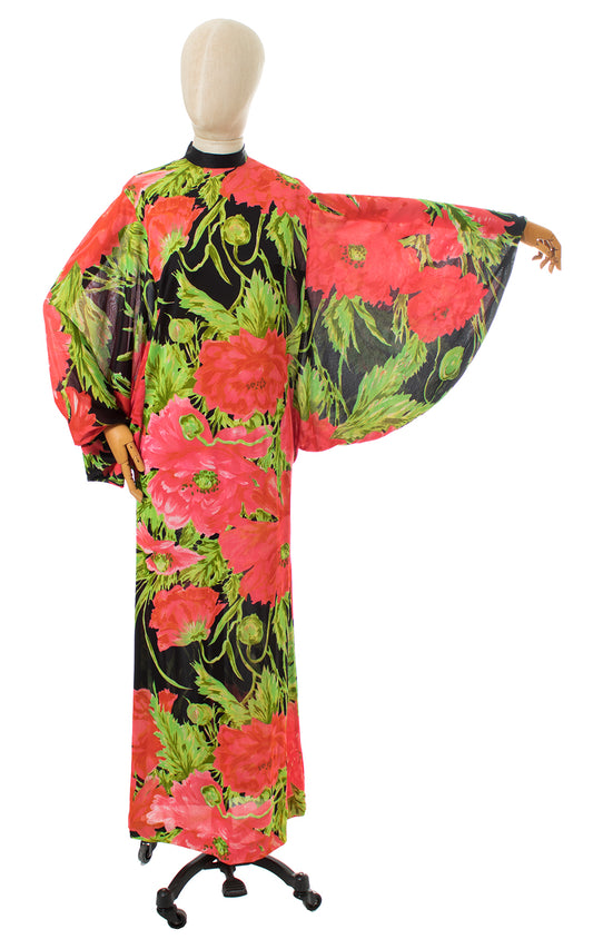 1960s Poppy Print Batwing Jersey Maxi Dress