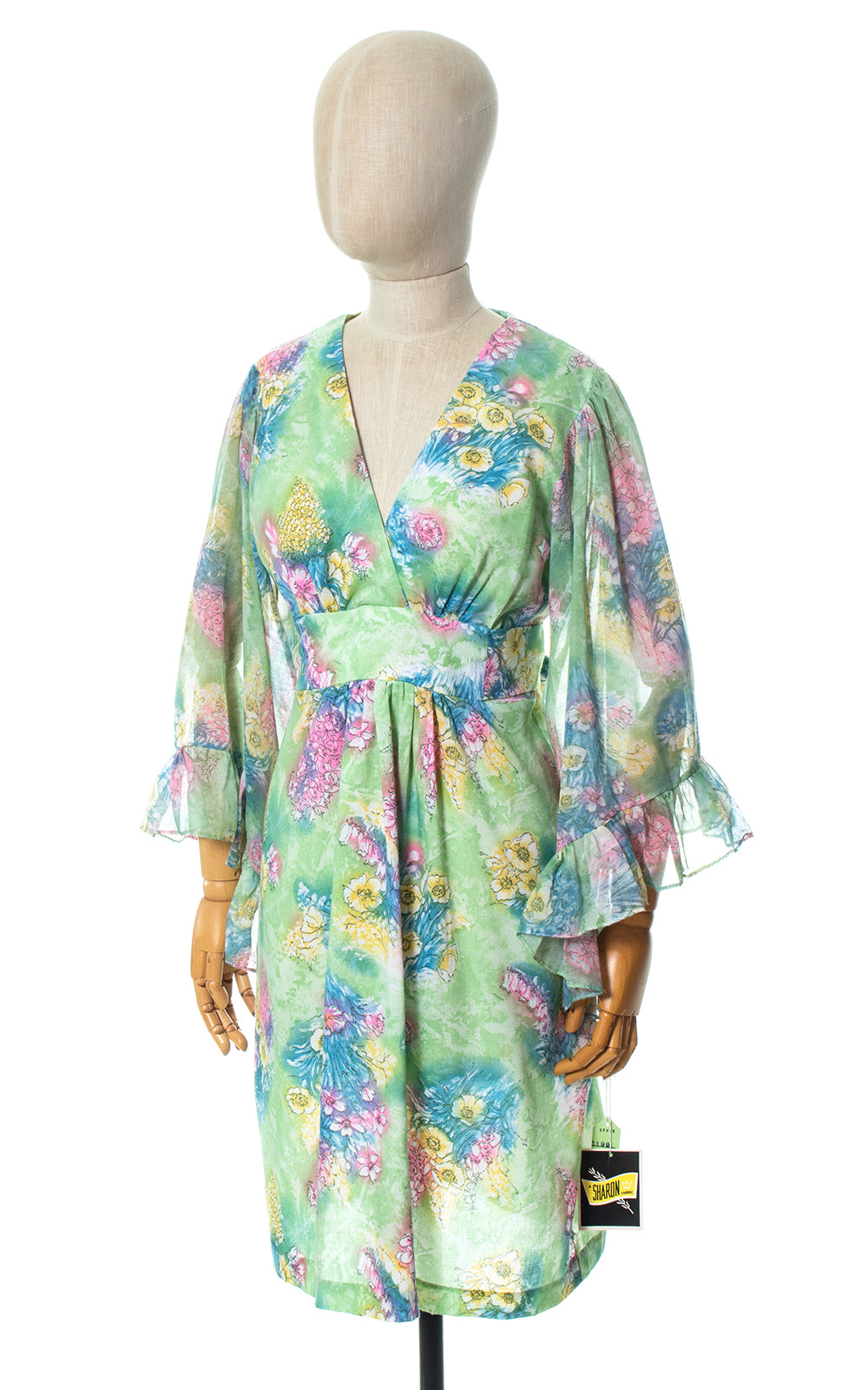1970s Deadstock Green Floral Angel Sleeve Dress 