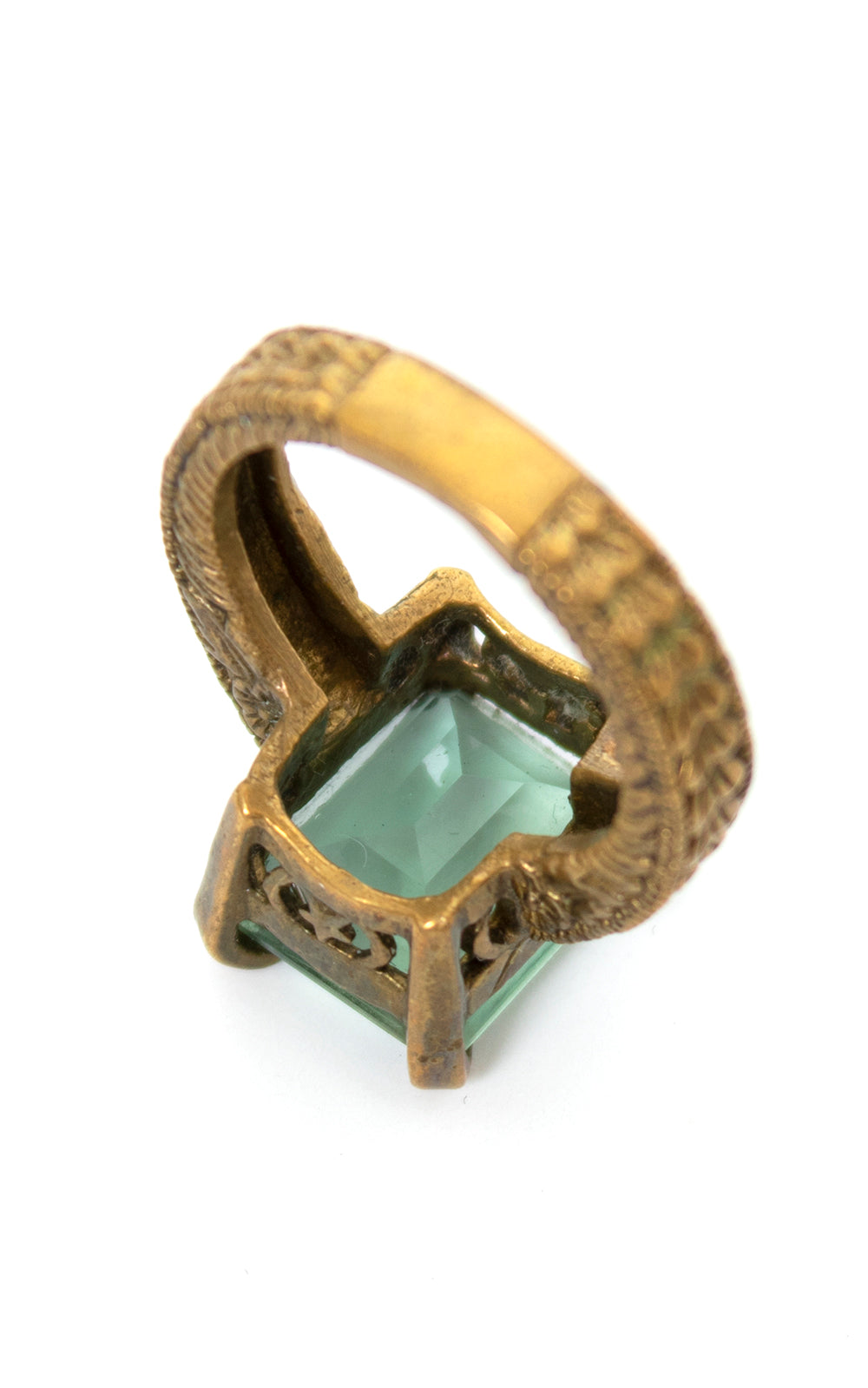 Vintage Vintage 1930s 1940s 1950s Blue Green Cut Glass Etched Brass Cocktail Ring Birthday Life Vintage