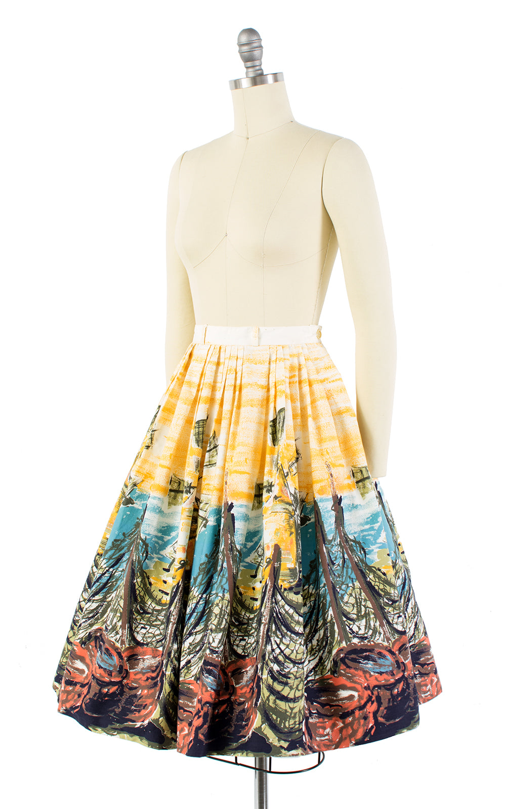 1950s Windmill Seascape Novelty Border Print Cotton Skirt | x-small