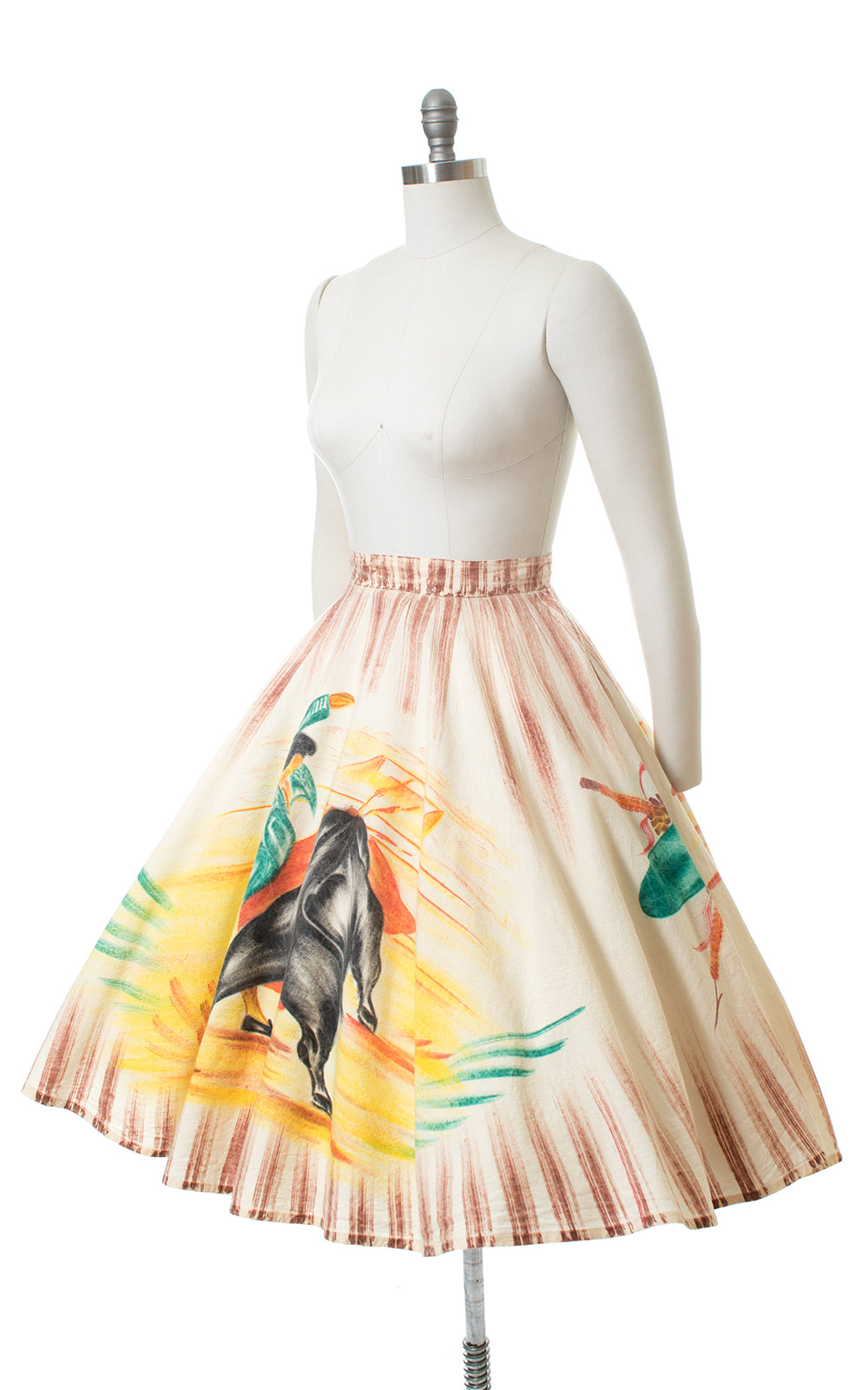 1950s Bullfighter Novelty Print Hand-Painted Mexican Circle Skirt