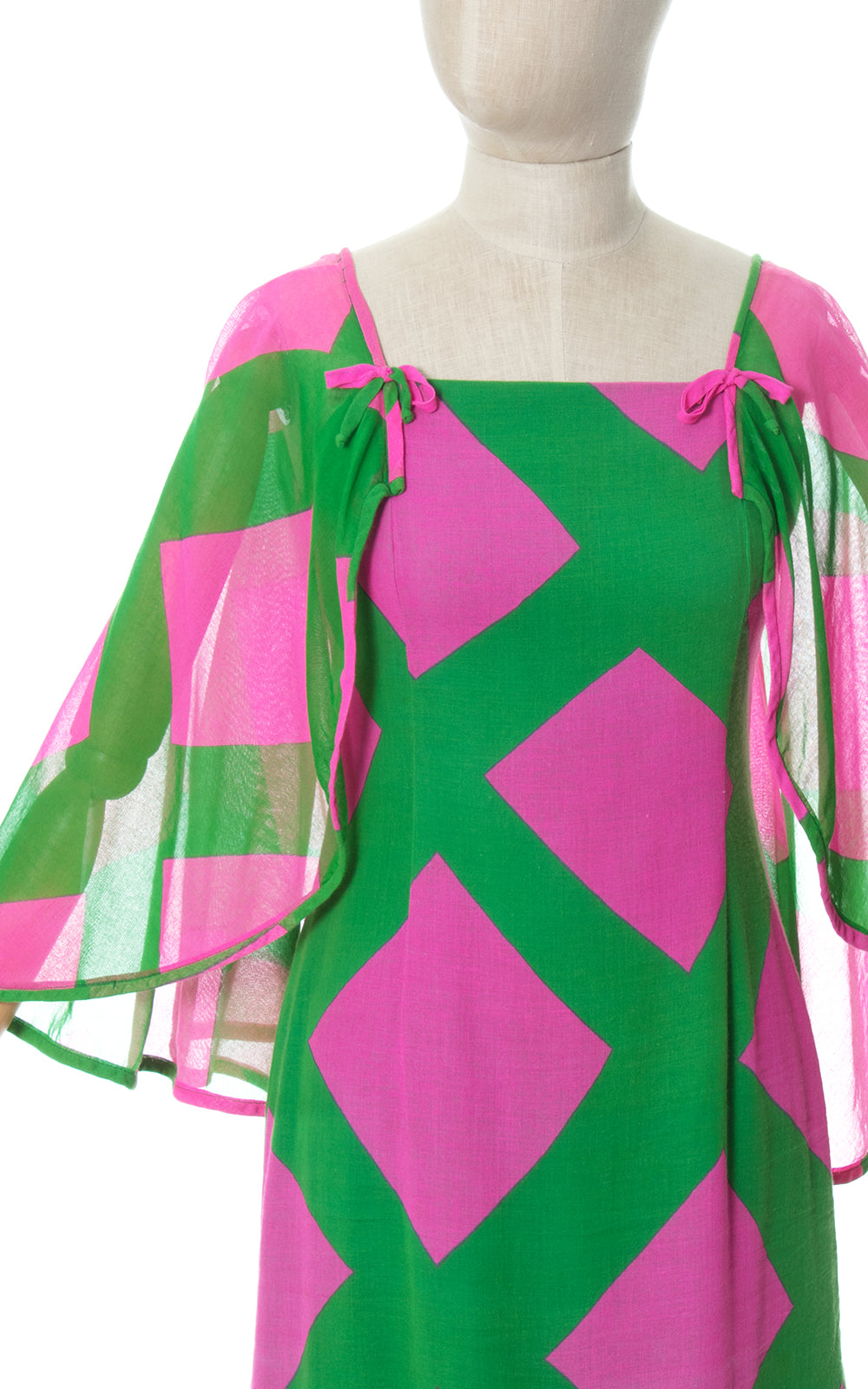 1960s Hawaiian Geometric Cotton Cape Sleeve Dress