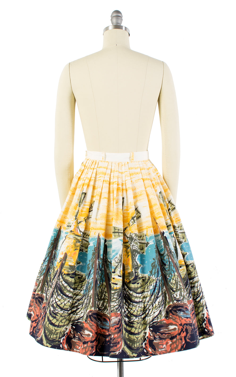 1950s Windmill Seascape Novelty Border Print Cotton Skirt | x-small