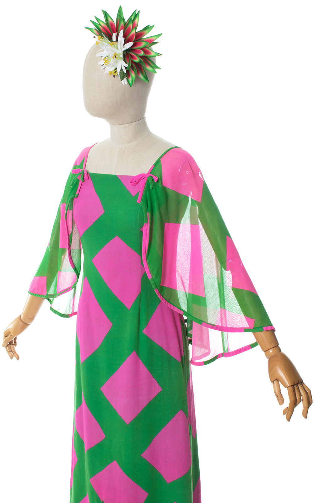 1960s Hawaiian Geometric Cotton Cape Sleeve Dress