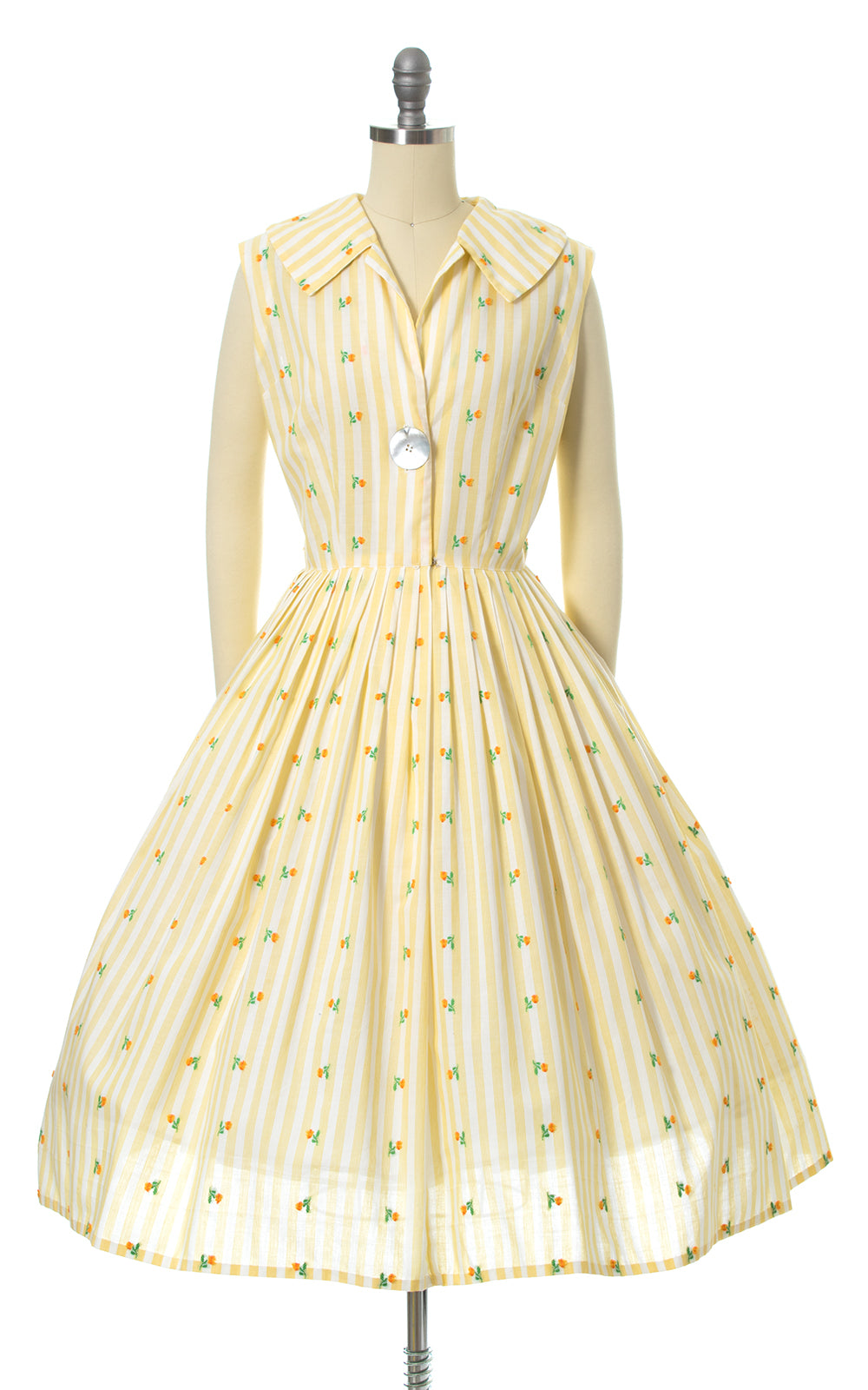 1950s Floral Striped Sundress with Big Abalone Button