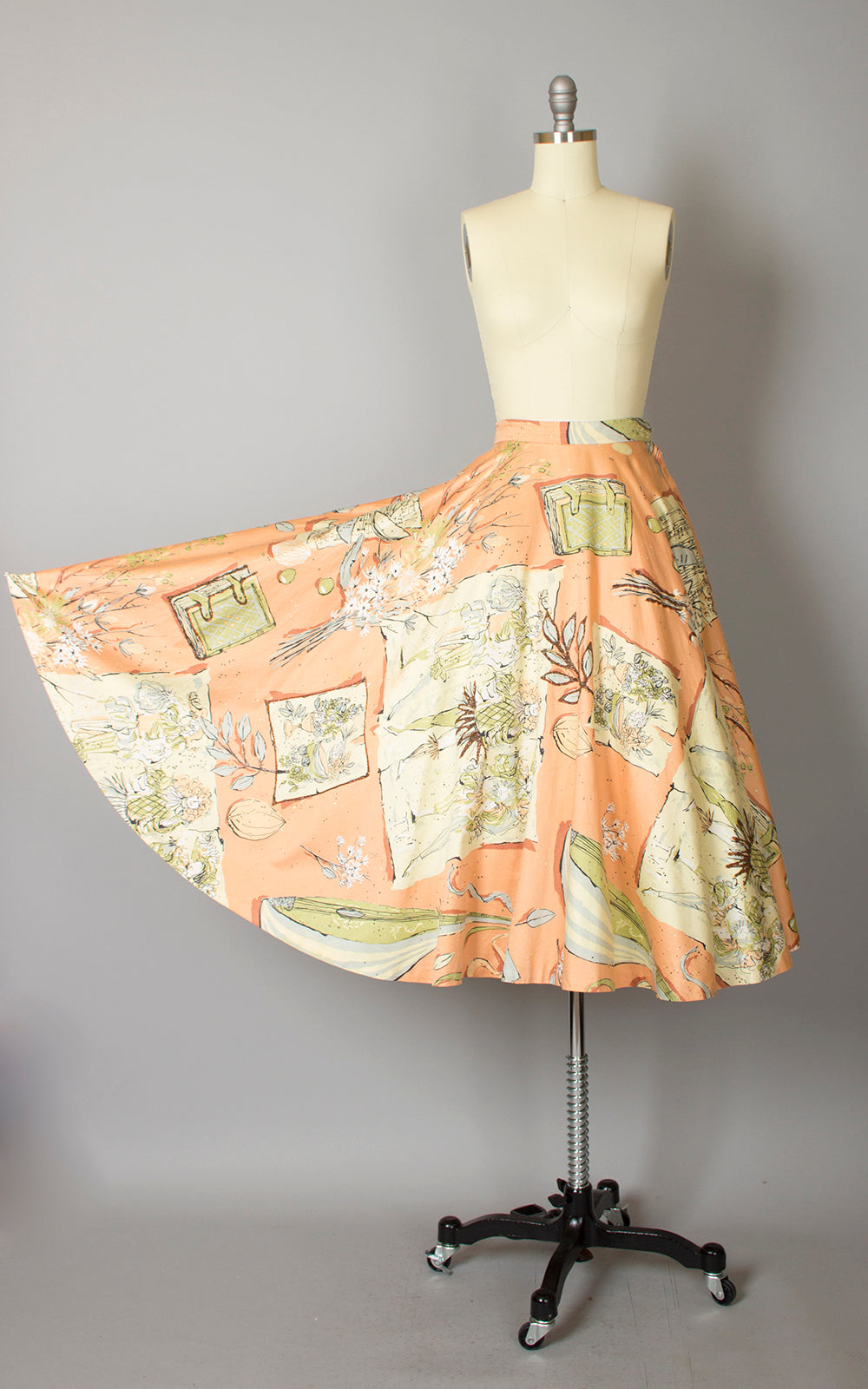 1950s Peach Floral Music Novelty Print Cotton Circle Skirt | small
