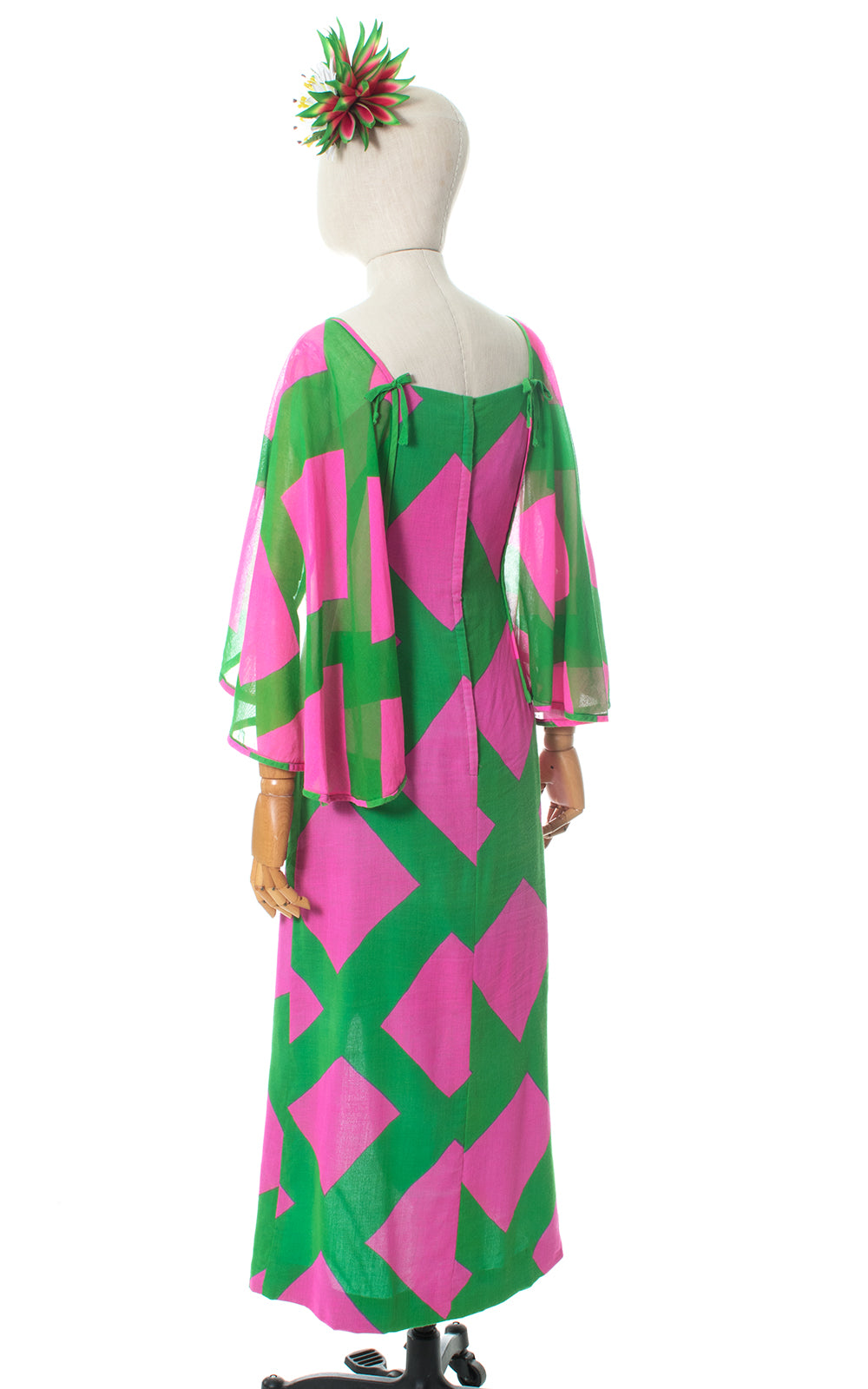 1960s Hawaiian Geometric Cotton Cape Sleeve Dress