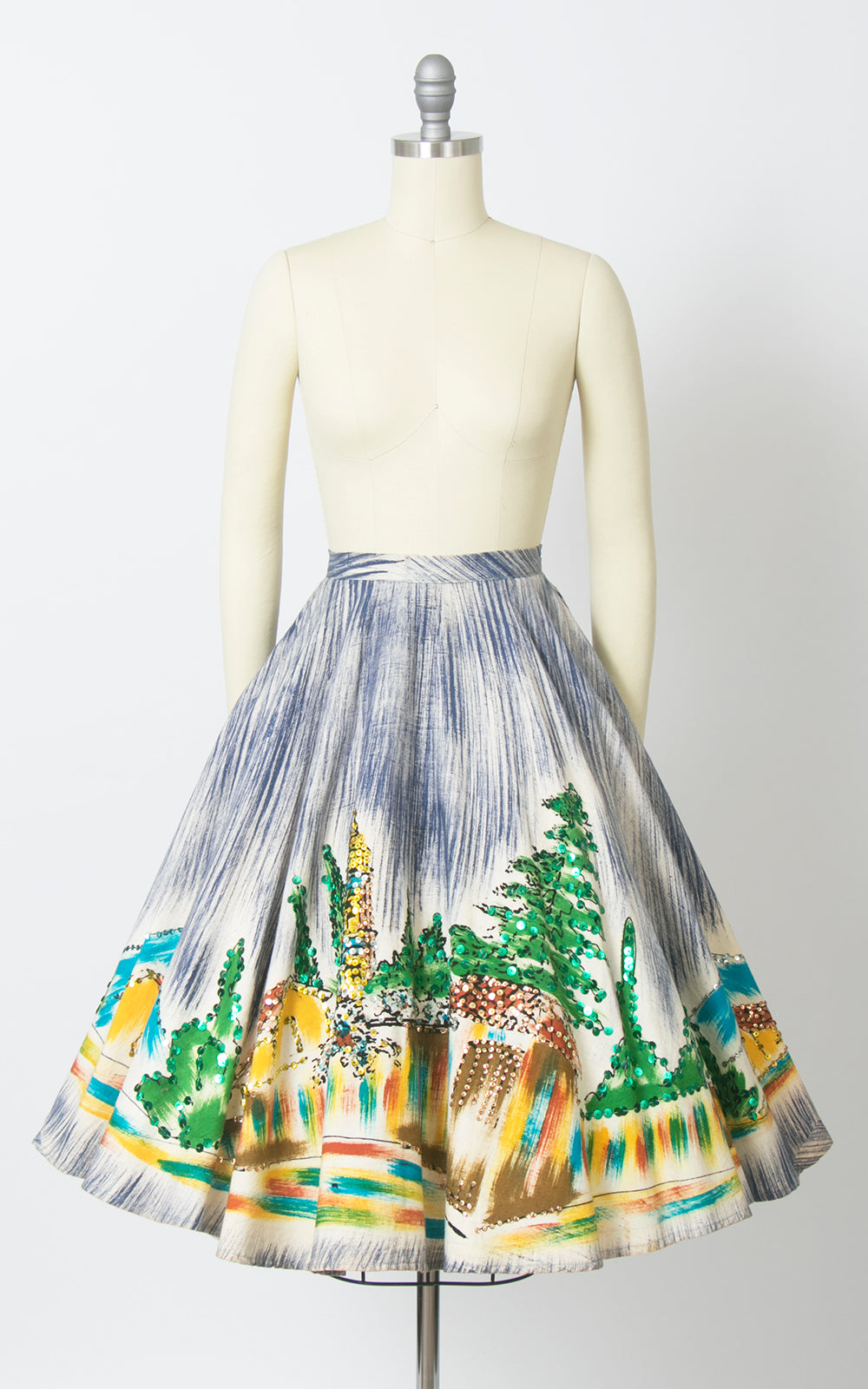 1950s Mexican Hand-Painted Novelty Print Sequin Circle Skirt | x-small