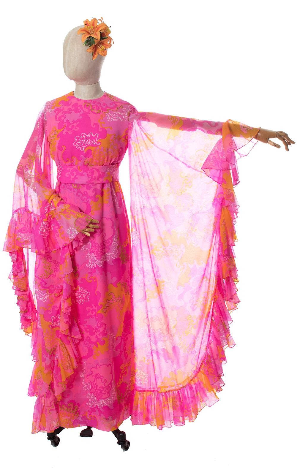 1960s Psychedelic Chiffon Ruffled Angel Sleeve Maxi Dress