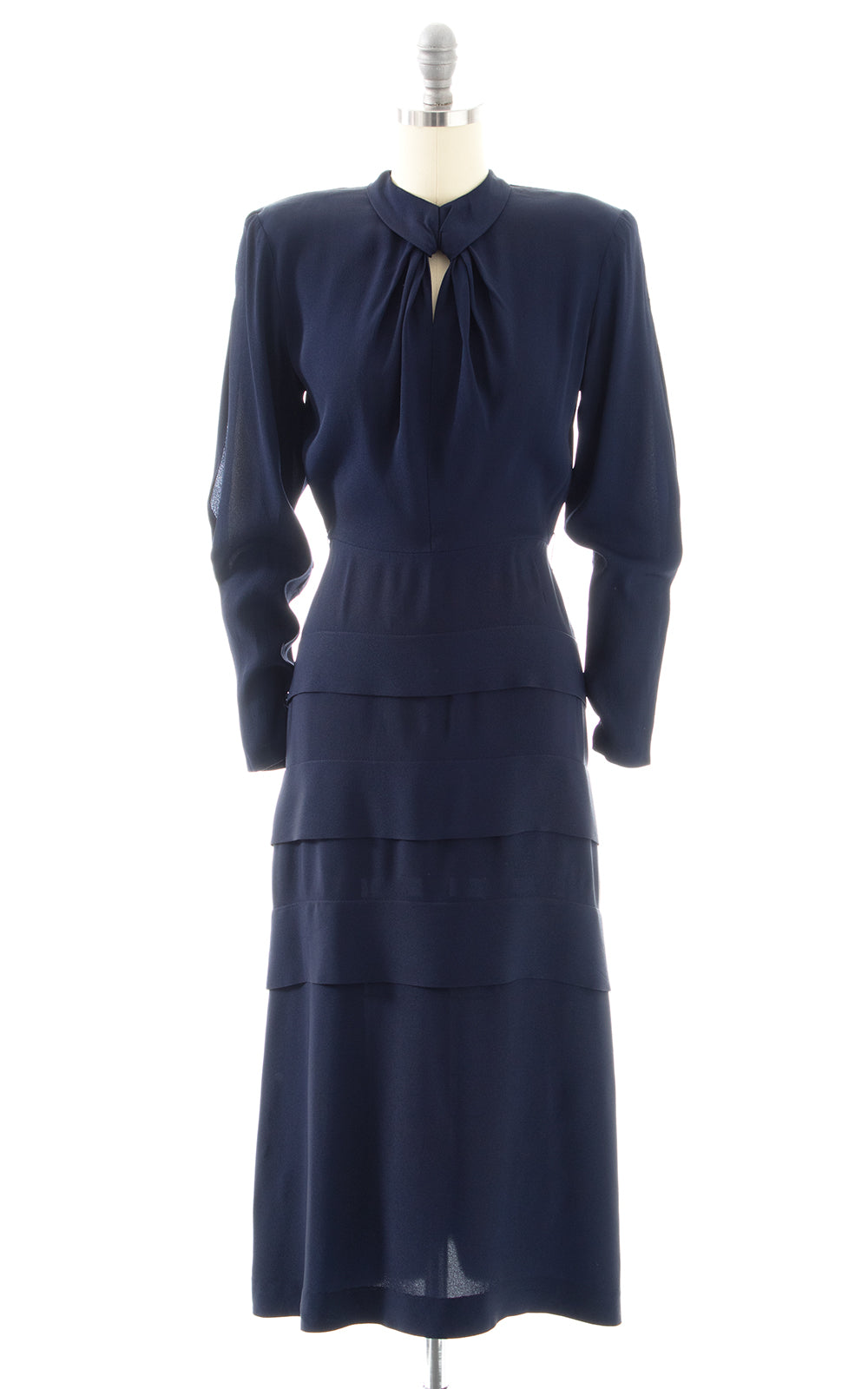 1940s Cutout Sleeves Navy Rayon Dress | small