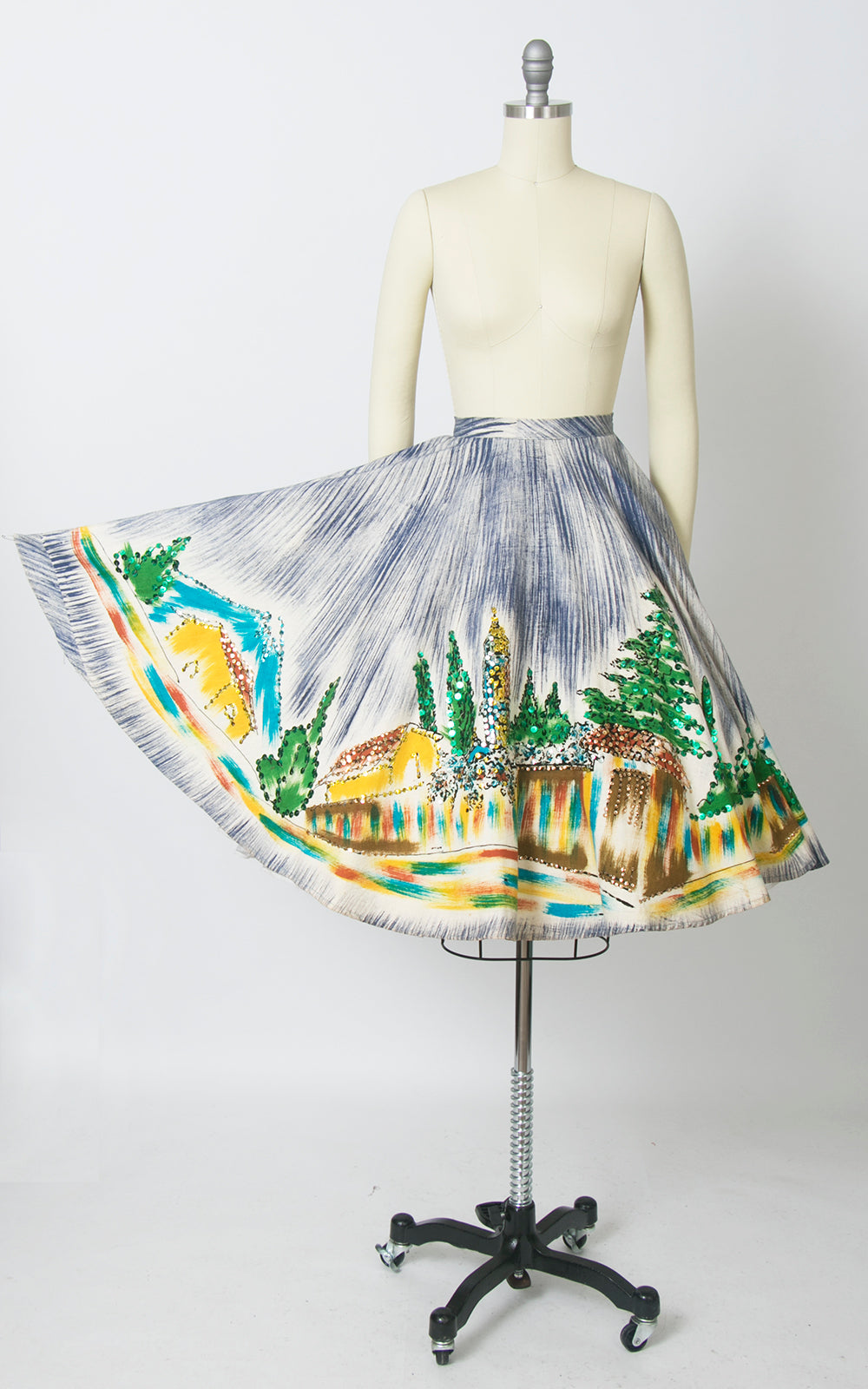 1950s Mexican Hand-Painted Novelty Print Sequin Circle Skirt x