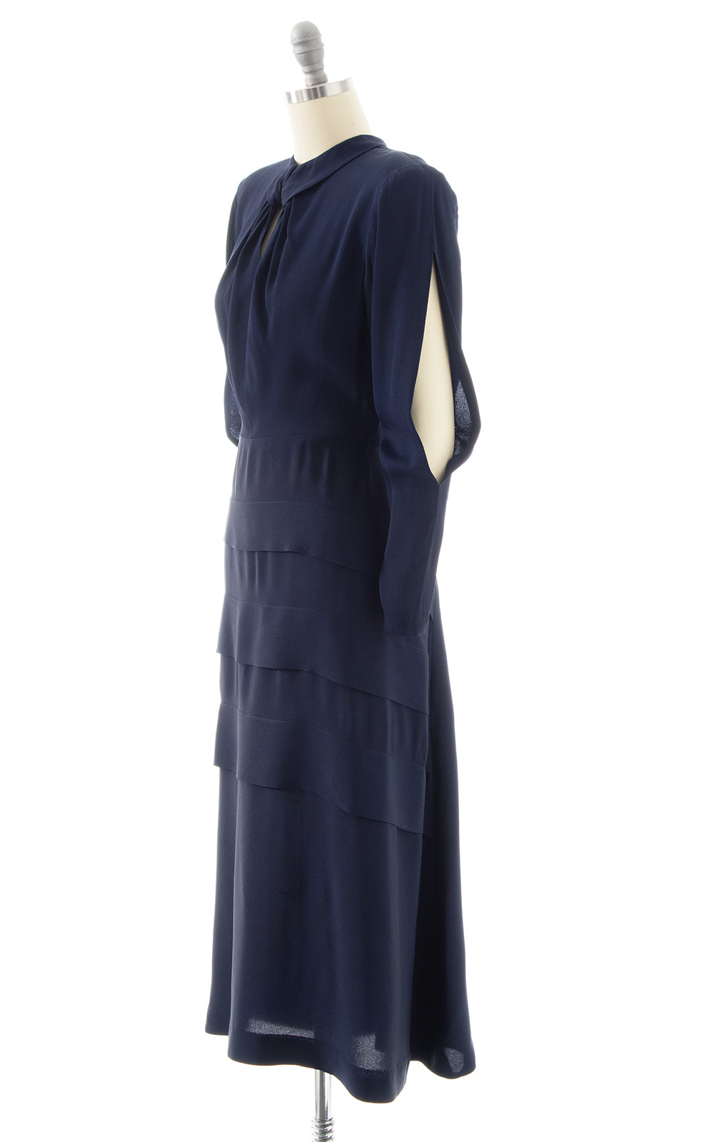1940s Cutout Sleeves Navy Rayon Dress | small