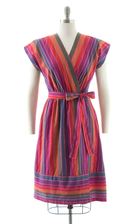 1970s Rainbow Striped Cotton Wrap Dress BirthdayLifeVintage