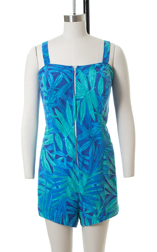 1960s Tropical Leaf Print Blue Cotton Romper