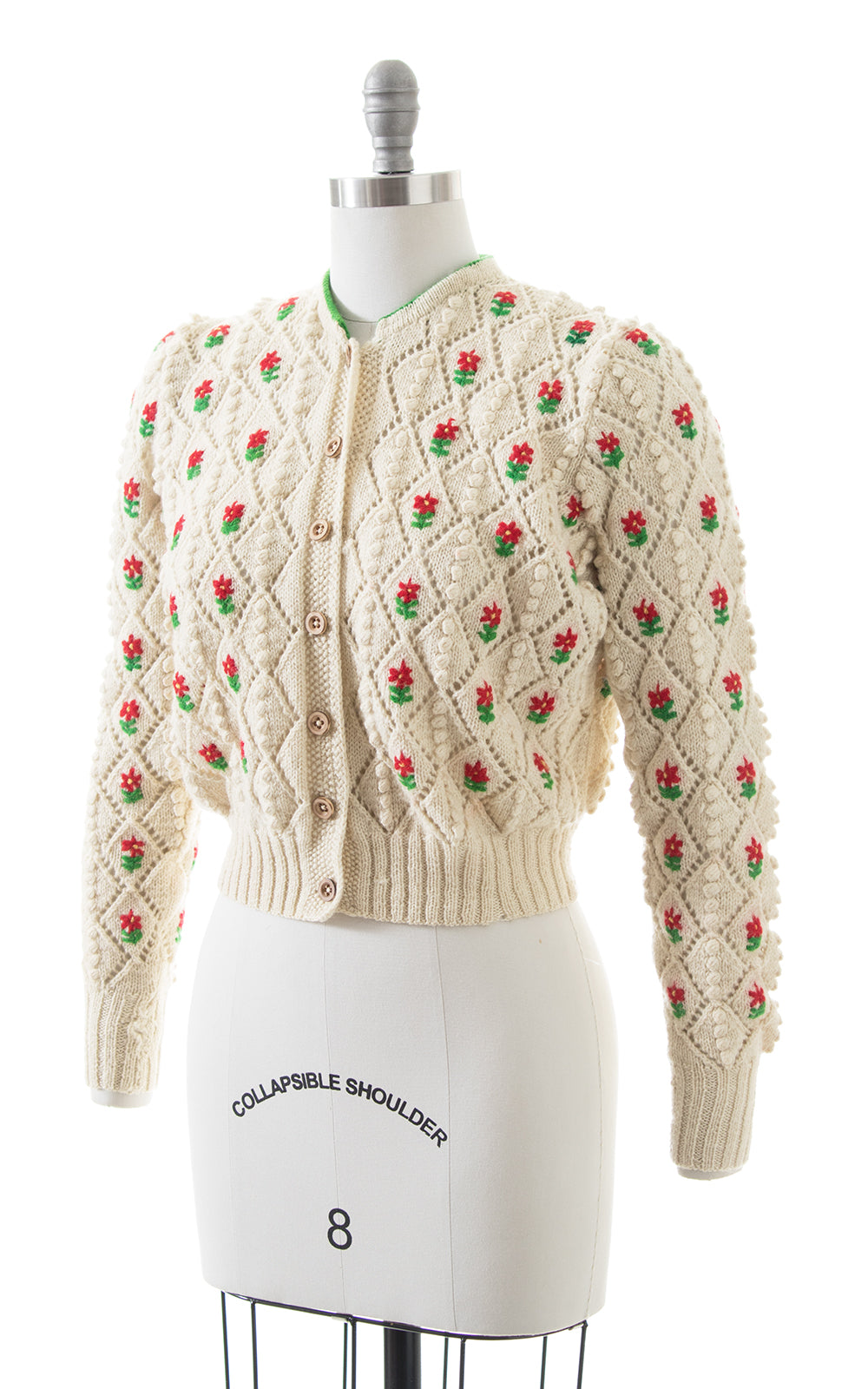 1940s 1950s LANZ Floral Popcorn Knit Wool Cropped Cardigan | medium/large