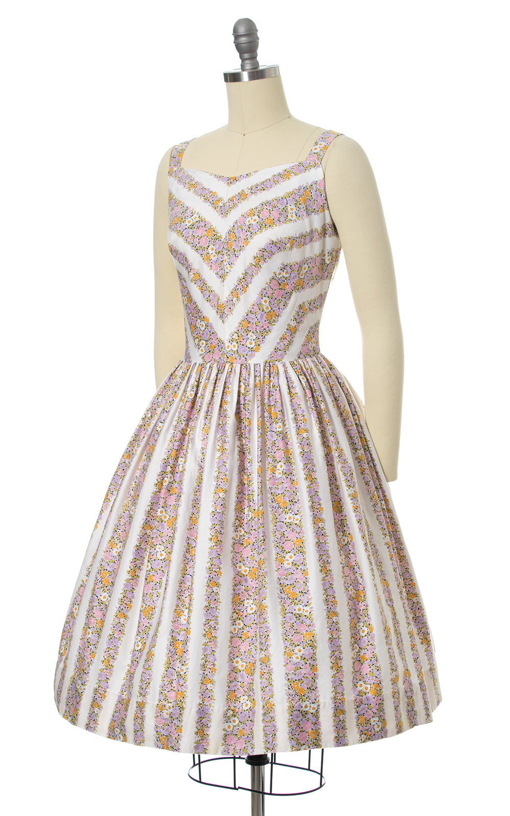 1950s Floral Chevron Striped Cotton Sundress