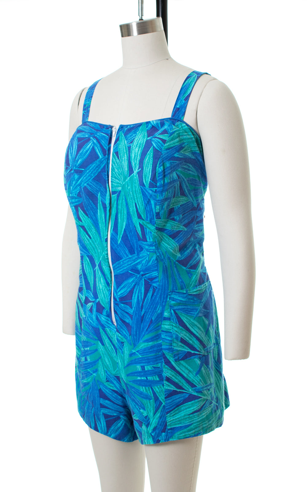 1960s Tropical Leaf Print Blue Cotton Romper